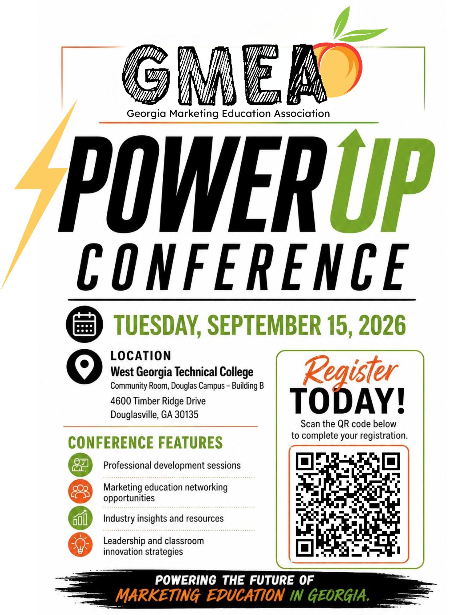 Promotional flyer for the Georgia Marketing Education Association Power Up Conference scheduled for Tuesday, September 15, 2026 at West Georgia Technical College in Douglasville, Georgia. The flyer includes conference features such as professional development sessions, marketing education networking opportunities, industry insights, and leadership strategies. It has a QR code for registration.
