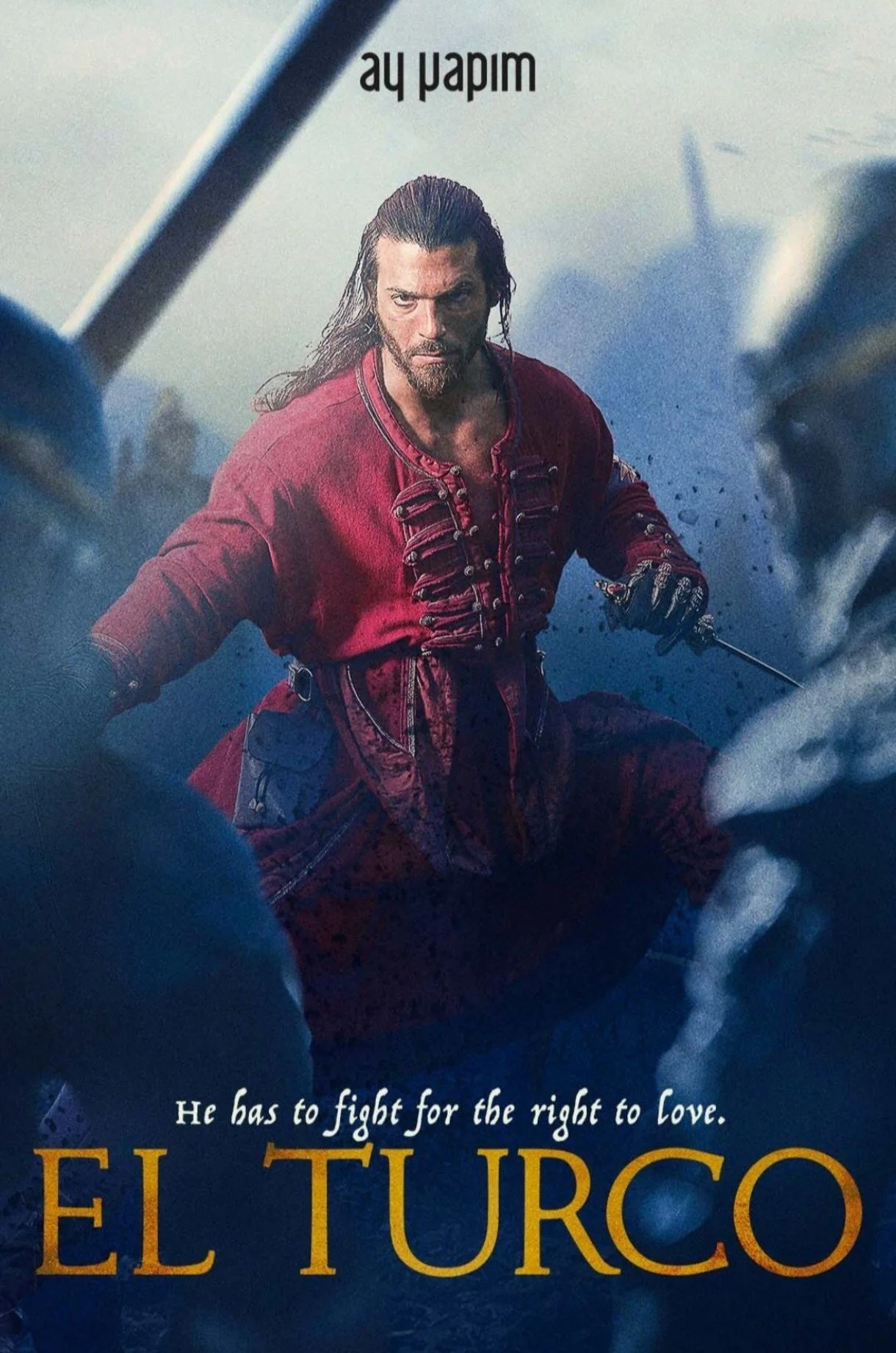 Movie poster of a man in a red costume sitting with a sword, with the title "El Turco" and the tagline "He has to fight for the right to love", and the text "wind him" upside down at the top.