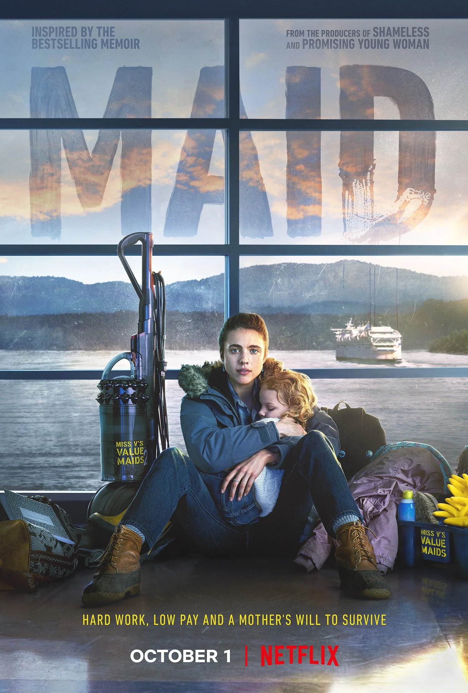 A poster for the Netflix series "Maid" featuring a woman sitting on the floor with a young girl, surrounded by luggage, with a large window showing a river, mountains, and a boat, and the title "MAID" in large letters across the window.