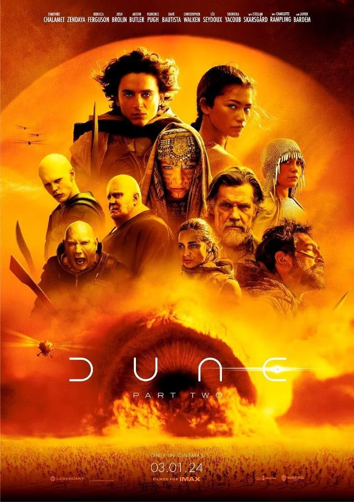 Movie poster for 'Dune Part Two' with characters from the film, a large sandworm emerging from a sandstorm, and a spaceship flying above a desert landscape.