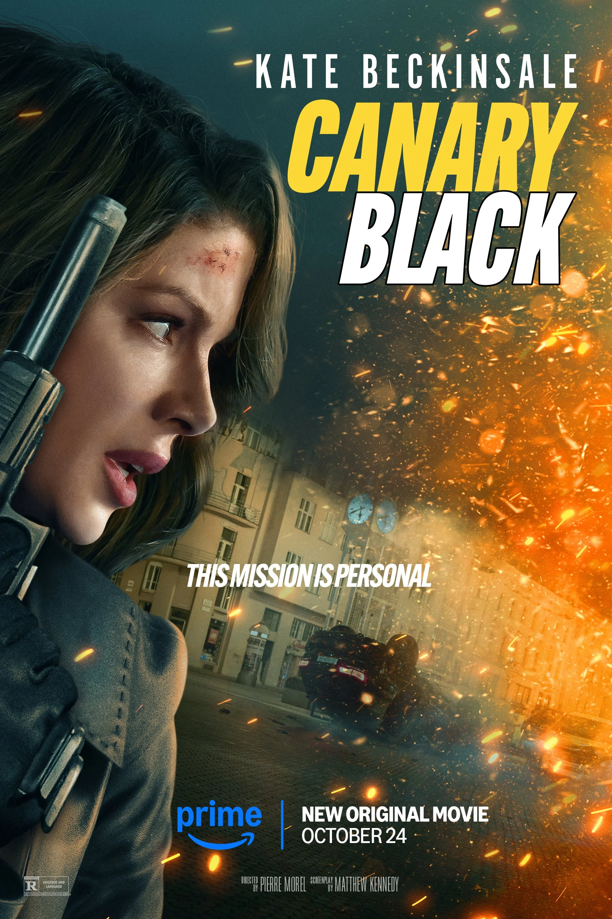 Promotional poster for the movie "Canary Black" featuring Kate Beckinsale, showing her with a serious expression, holding a gun, with a city street and an explosion in the background, and text indicating the movie's release date of October 24 on Prim