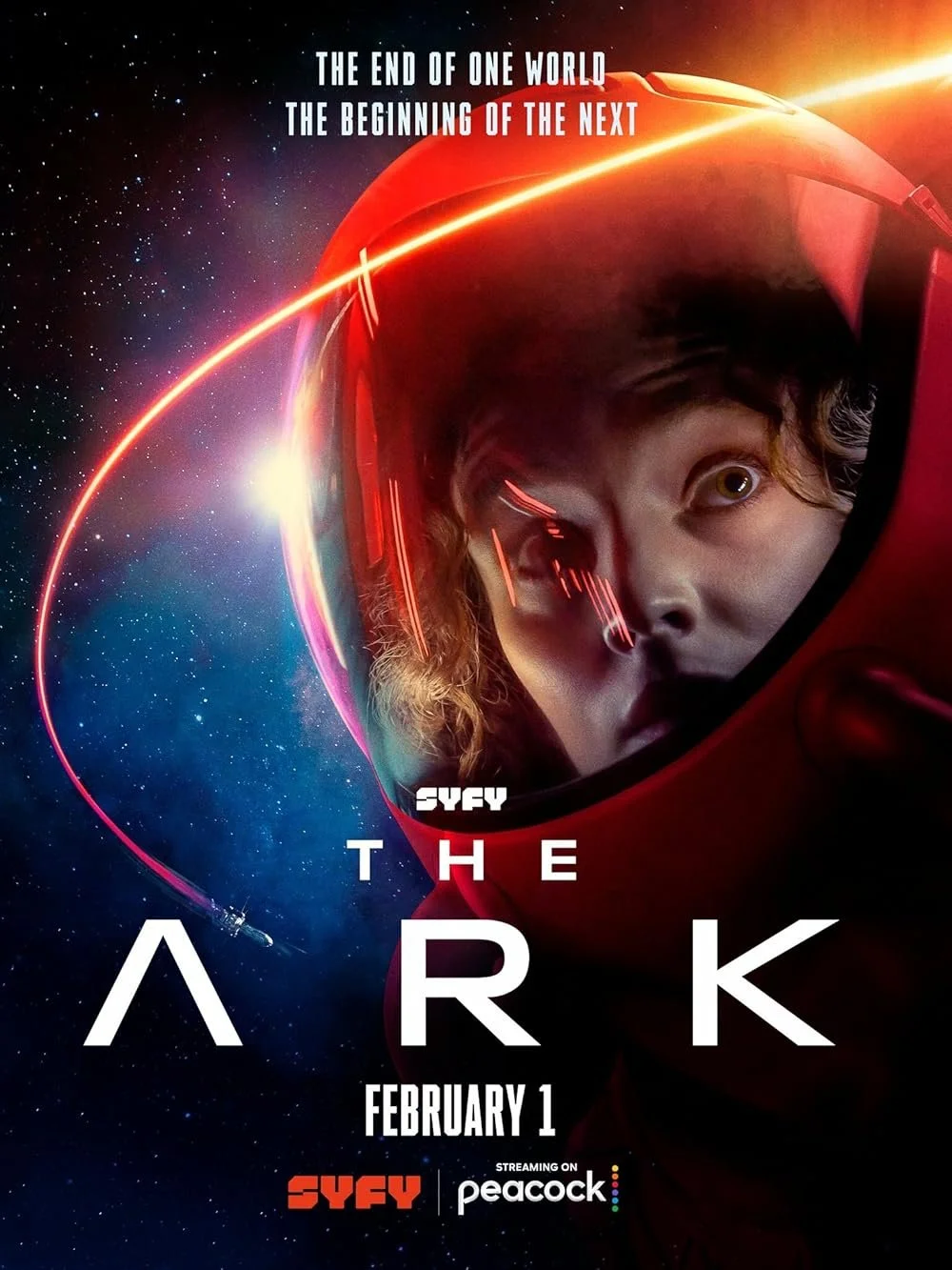 A person in a space helmet with a glowing light in space, with planets and stars in the background. Text reads: 'The end of one world, the beginning of the next.'