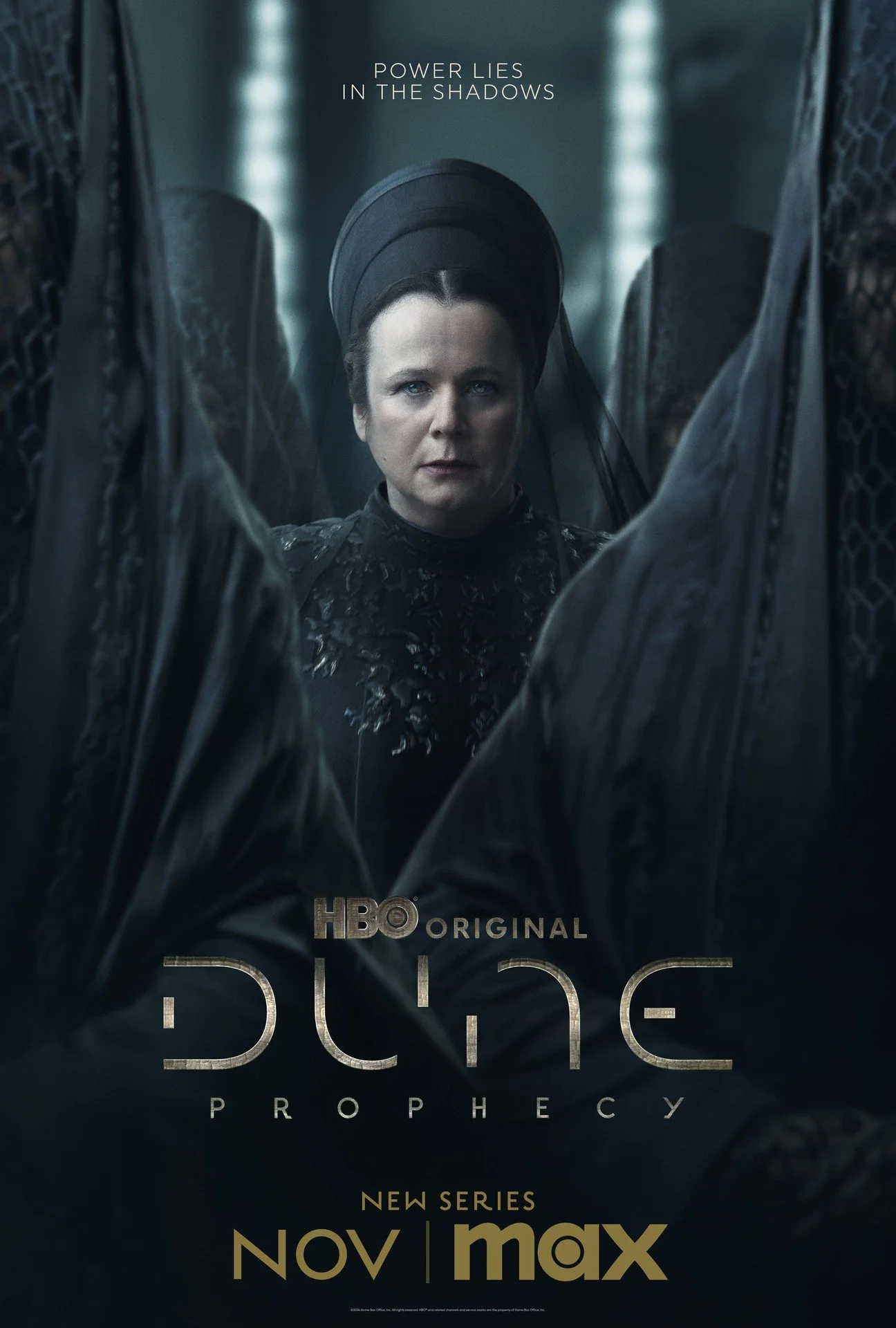 A woman dressed in black with a headpiece looks into a mirror, with the reflection showing her face. The mirror is surrounded by dark figures. Text on the image reads, 'Power lies in the shadows,' and at the bottom, it advertises the HBO original ser