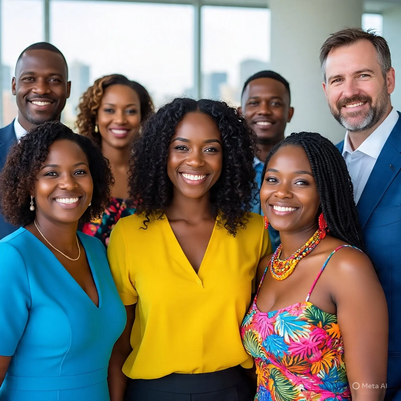 Groupe de huit personnes souriantes dans un bureau moderne avec vue sur la ville, portant des vêtements colorés et décontractés.