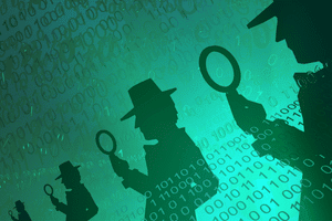 Silhouettes of detectives holding magnifying glasses, analyzing binary code in a digital environment.
