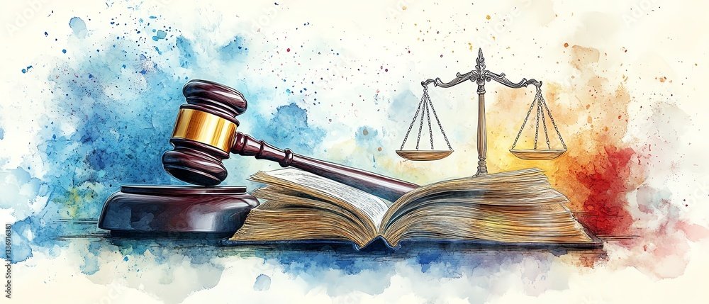 A judge's gavel, a set of scales, and an open book, symbolizing law and justice, with a watercolor background.