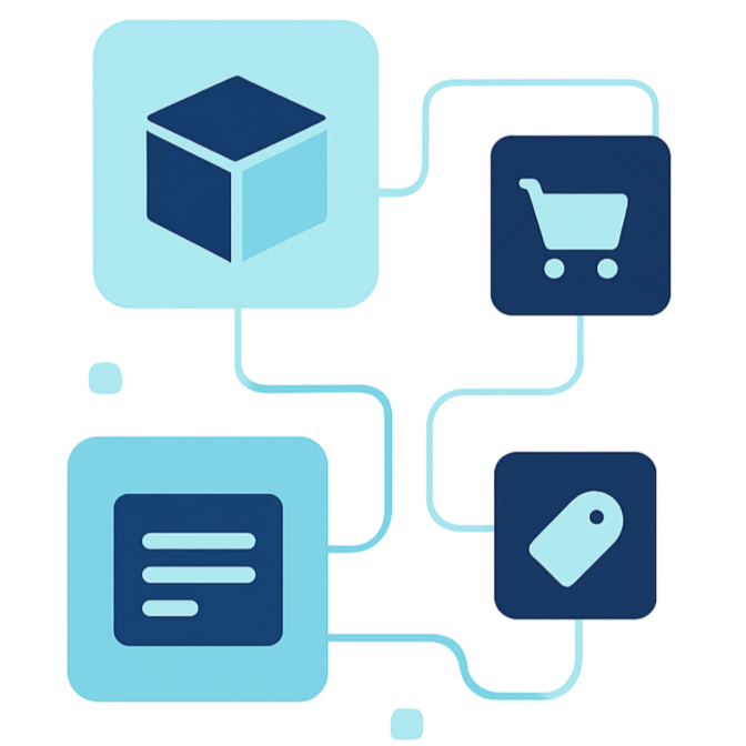 Diagram featuring a 3D cube, shopping cart icon, text document, and price tag connected by lines, illustrating a digital process or workflow.