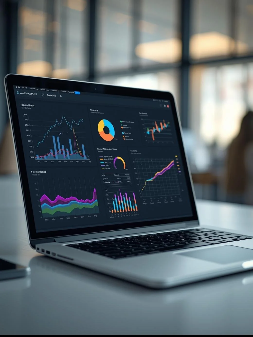 Laptop displaying various colorful graphs and charts on a dark background, on a white desk in a bright office.
