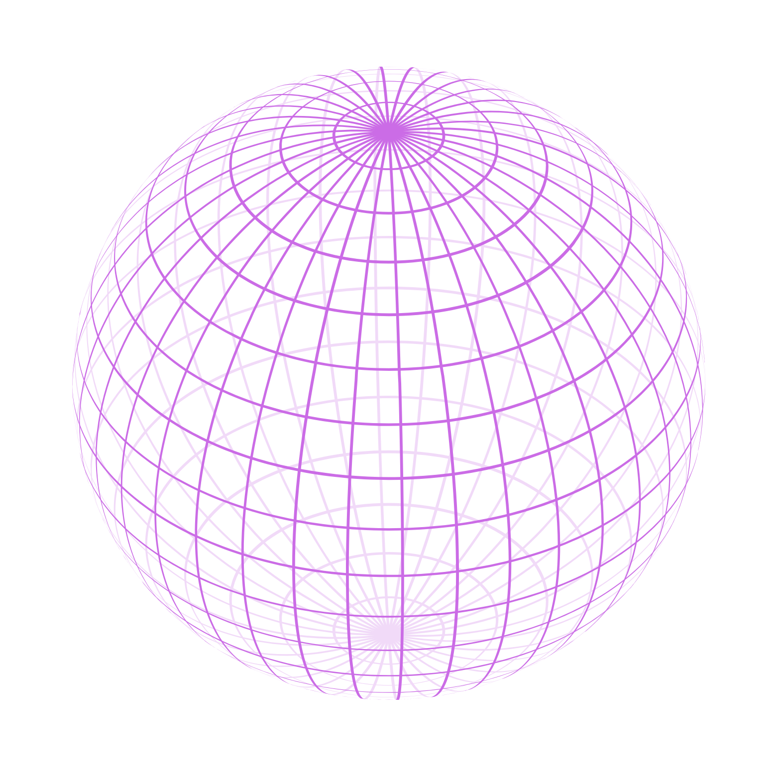 A digital wireframe globe with a purple grid pattern on a black background.