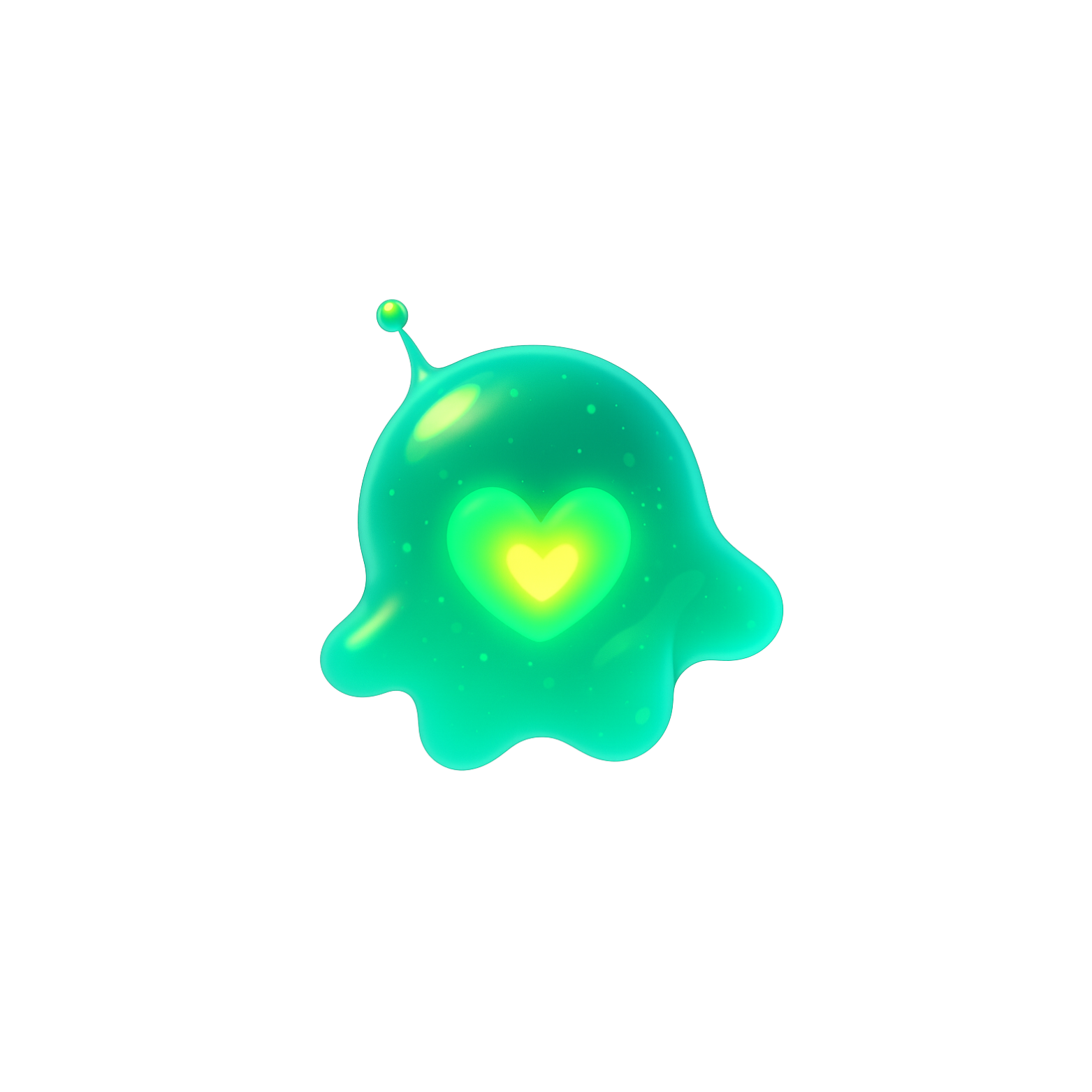 A digital illustration of a small, green, slime-like creature with a glowing heart in the center of its body.