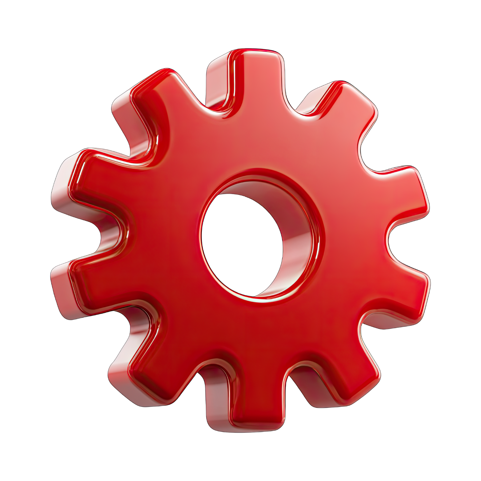 Red gear or cogwheel with a shiny, smooth surface, isolated on a black background.