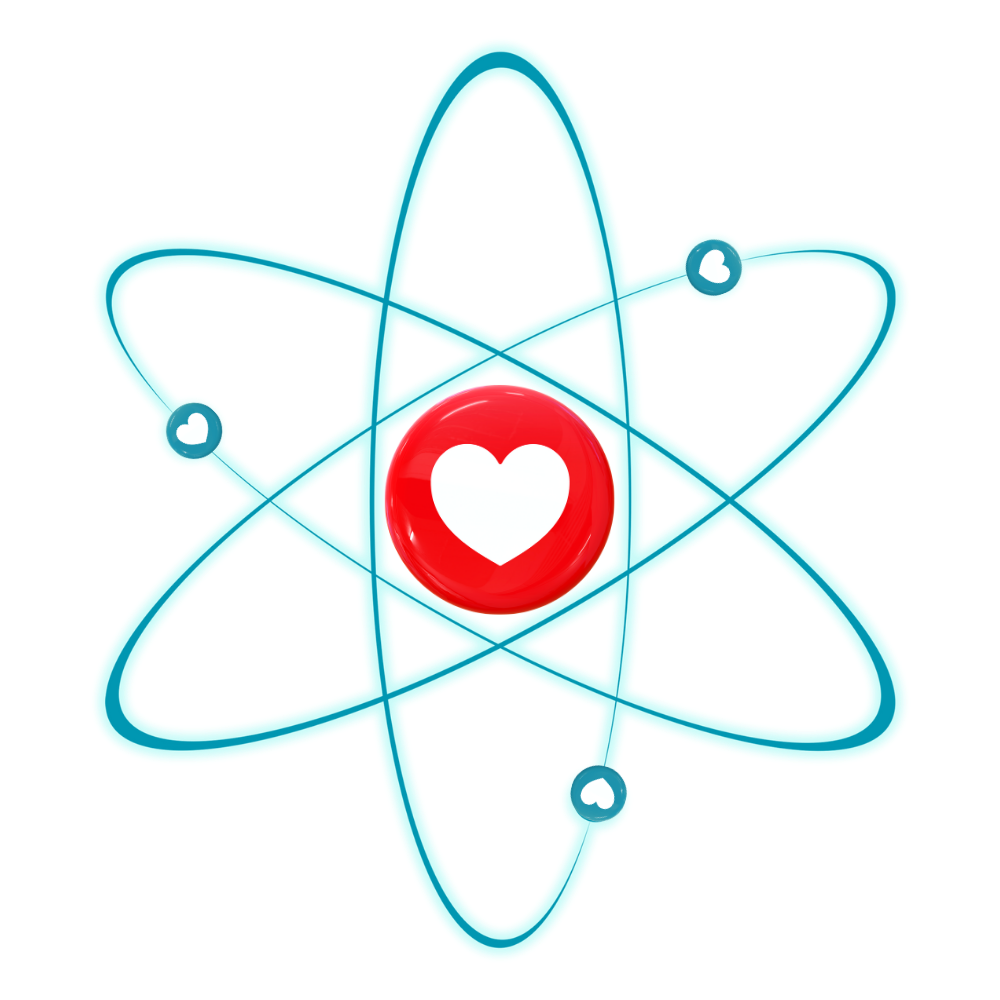 A digital illustration of an atom with glowing blue electron orbits and a red nucleus with a white heart symbol inside.