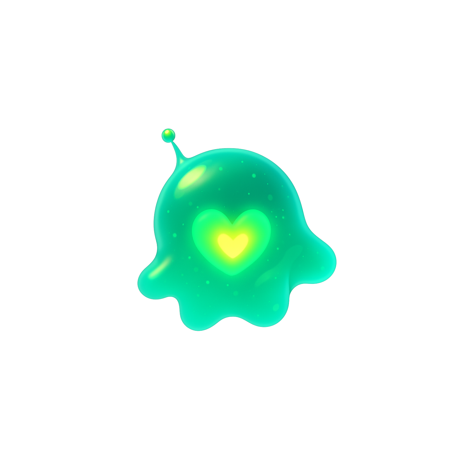A colorful animated slime character with a glowing yellow heart in the center, positioned on a transparent background.