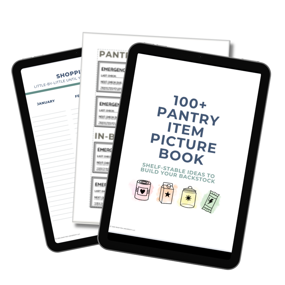 Bonus Items included in the Come What Mayday Emergency Essentials Kit including 100+ Pantry Item Picture Book, Labels, and shopping list
