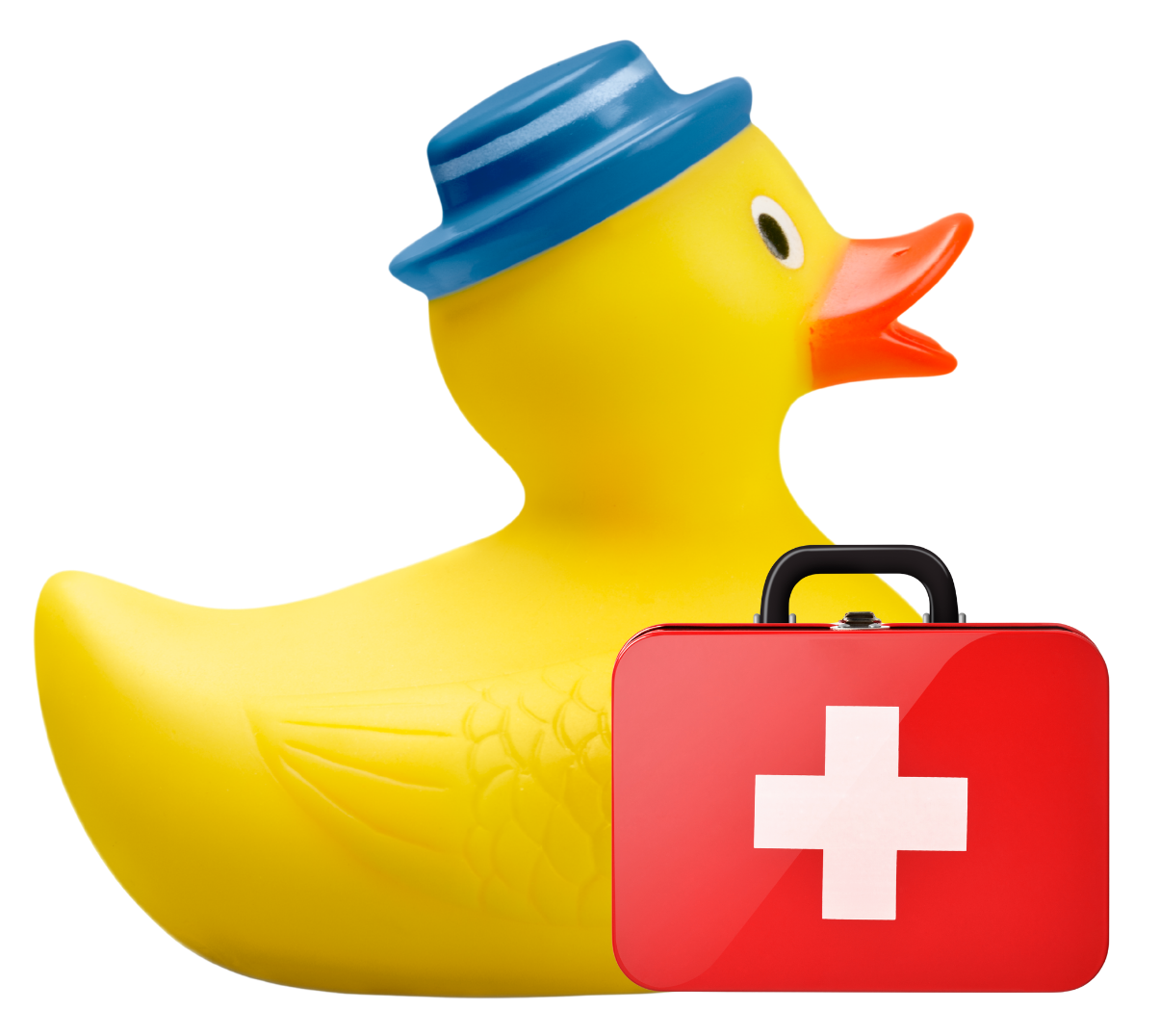 toy rubber duck with blue hat holds an emergency suitcase