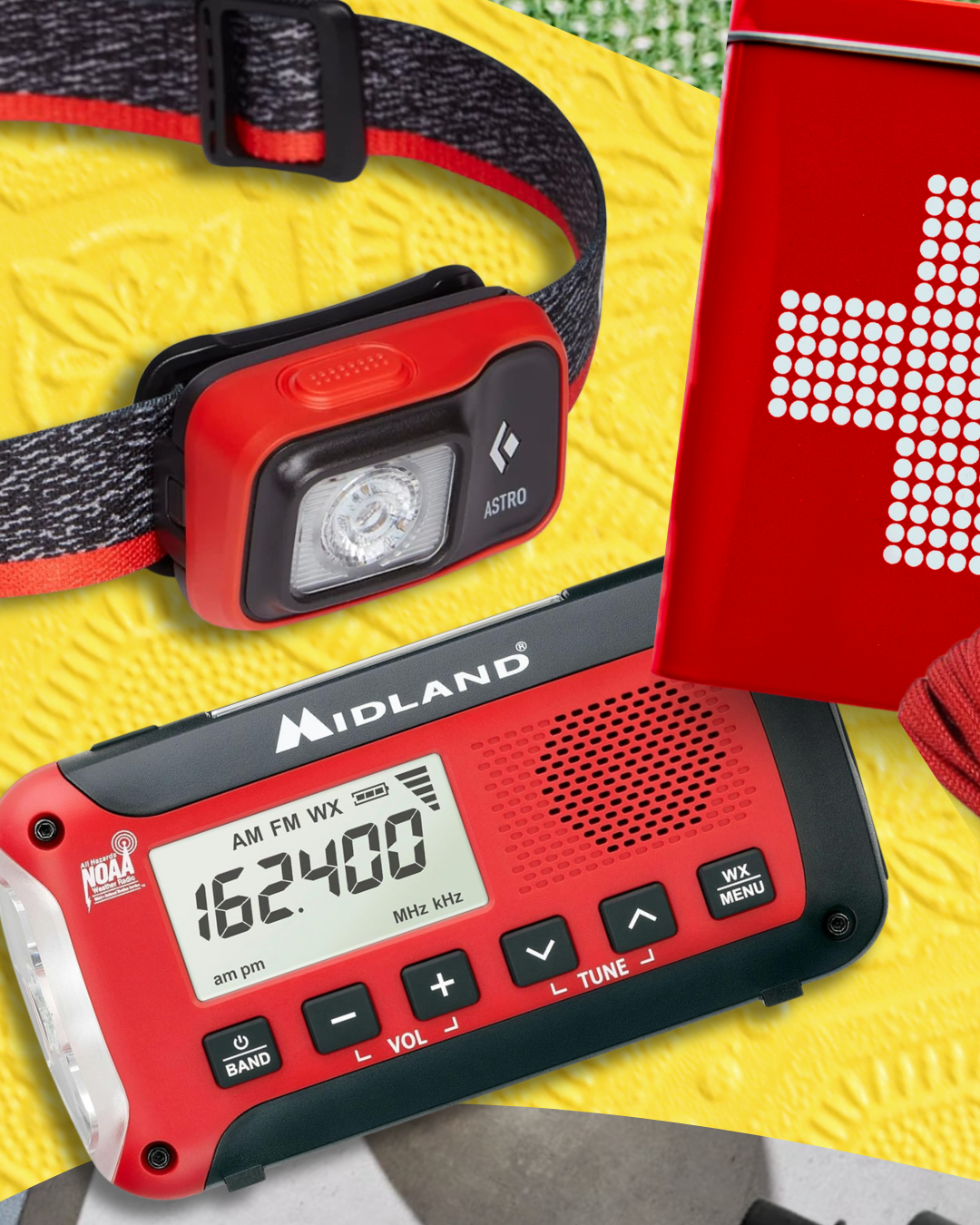 emergency radio, head lamp and first aid kit, all red on a yellow background