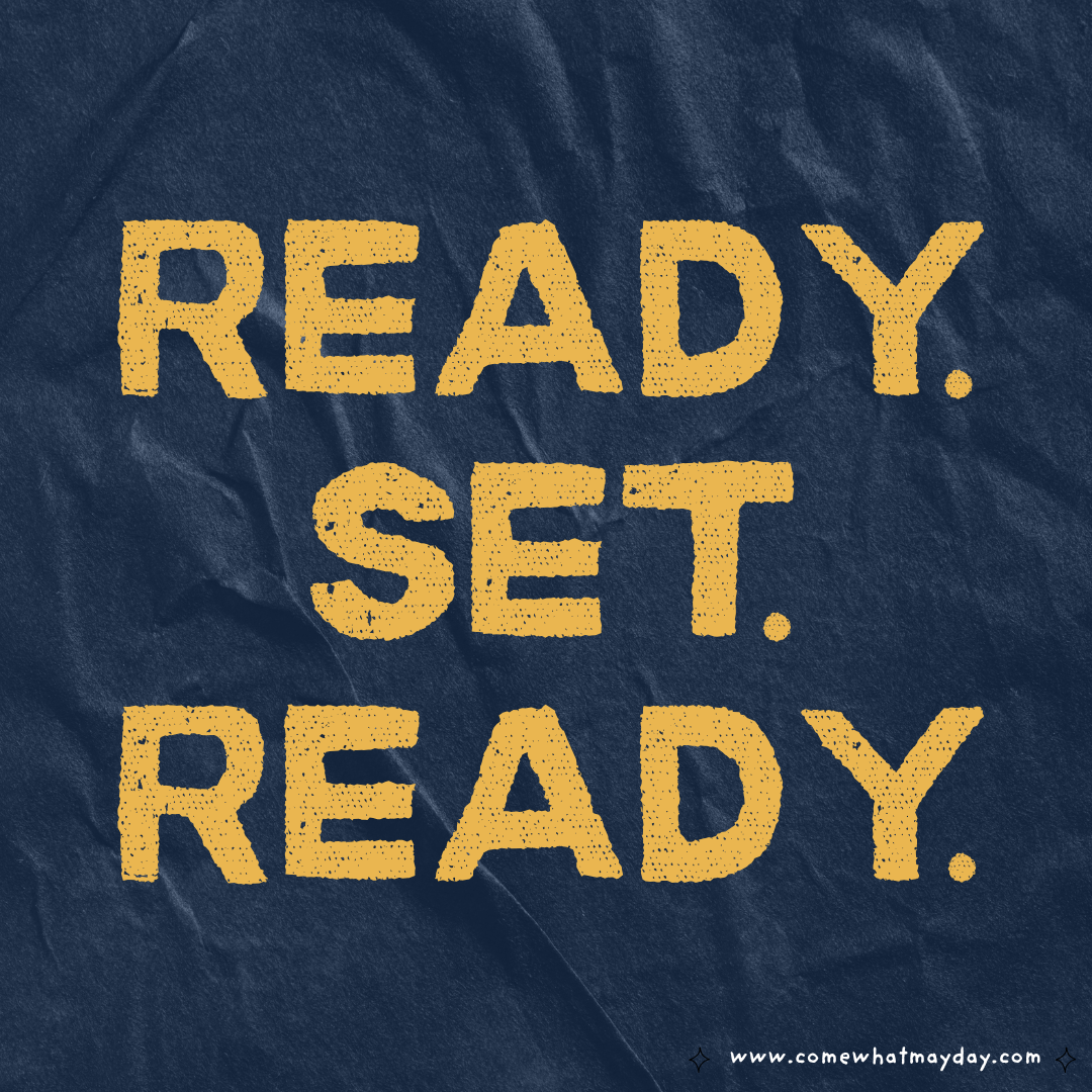 Large All caps letters say Ready. Set. Ready. on a blue crinkly background.