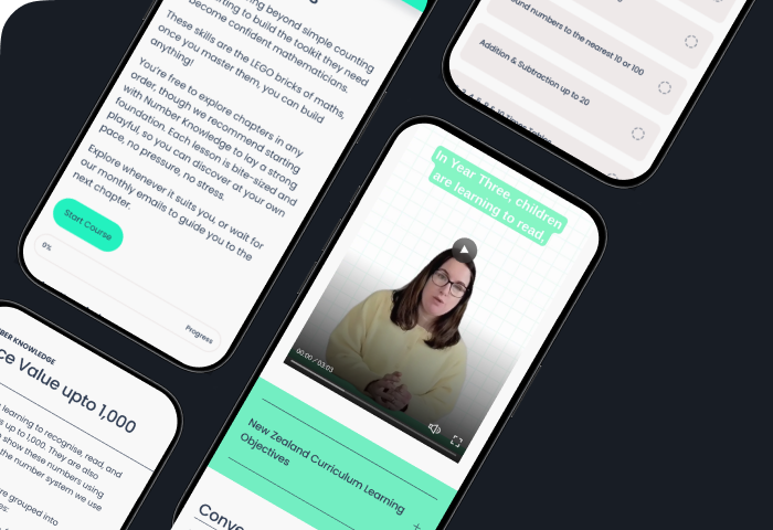 mobile screen mockups of year 3 maths course