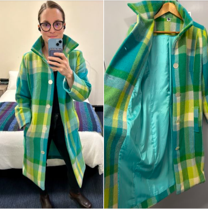 Winter coat, woollen blanket and reclaimed silk.