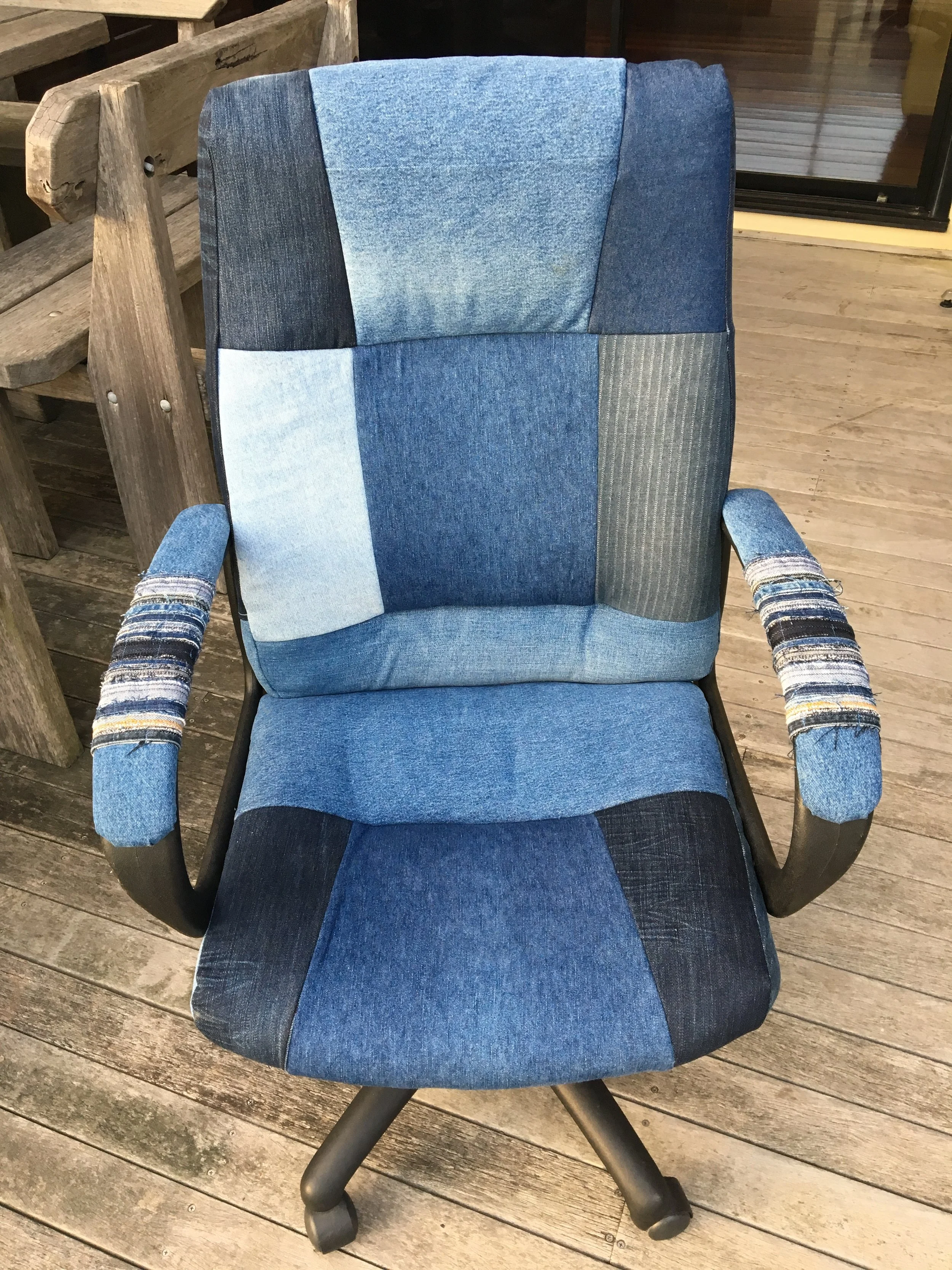 Office chair, recovered in upcycled denim.