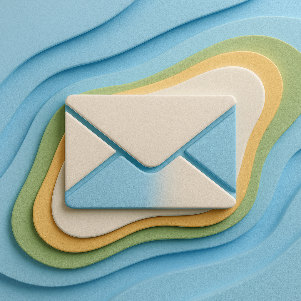 Symbol eines verschlossenen Briefumschlags in Pastellfarben auf einer stilisierten, mehrlagigen Papierkulisse