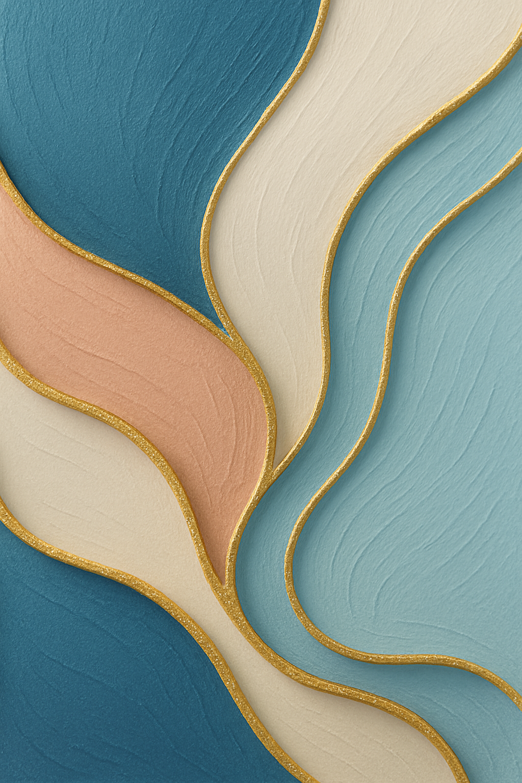 Abstrakte Kunst mit wellenförmigen Formen in Blau, Creme, Pfirsich, hellblau, mit goldenen Rändern.