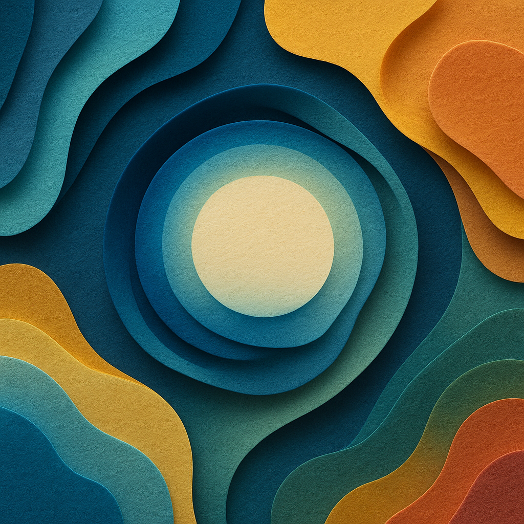 Abstrakte Farbgestaltung mit kreisförmigen und welligen Papier-Schichten in Blau, Gelb, Grün und Orange.