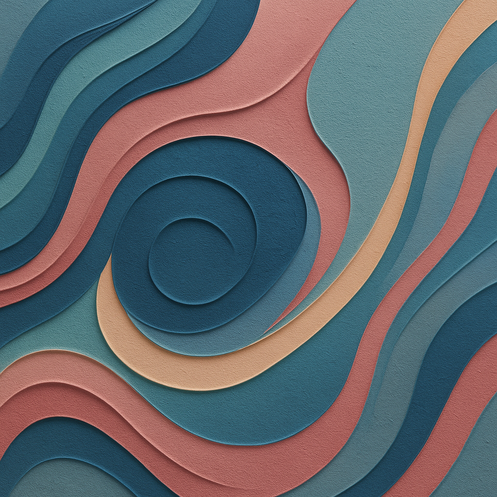Abstraktes Muster mit geschwungenen Linien und spiralförmigen Elementen in Pastellfarben wie Blau, Pink, Beige und Grün.