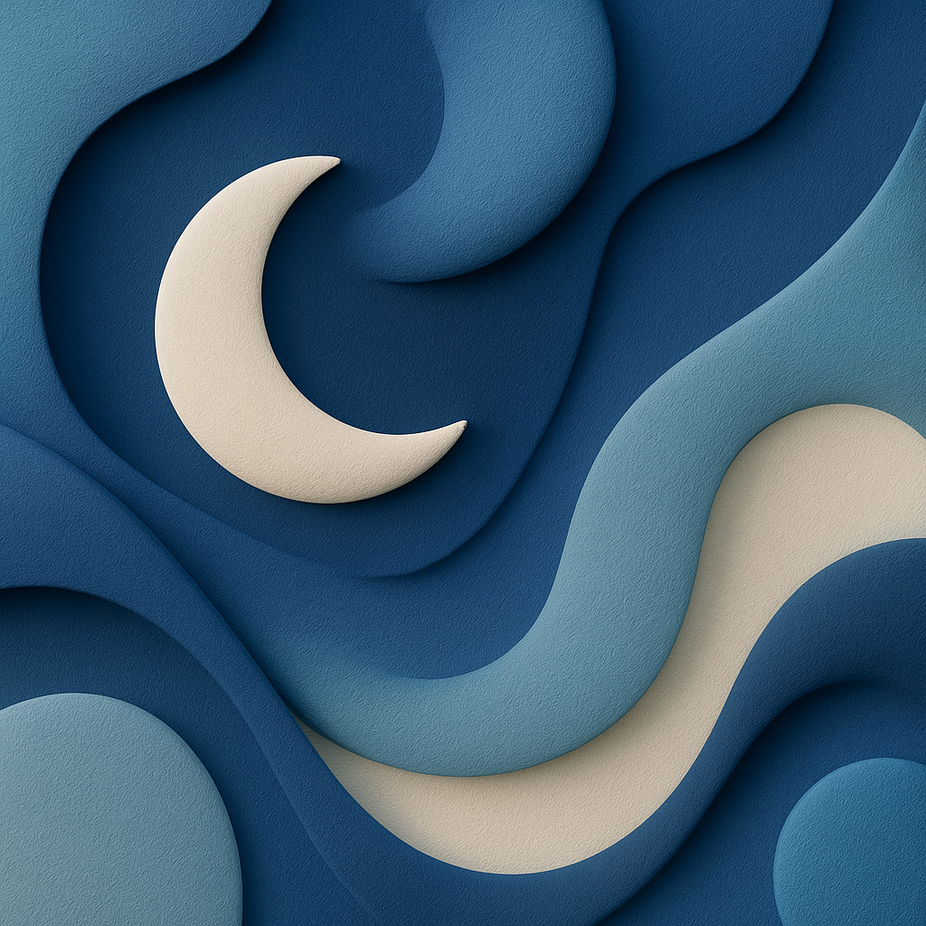 Abstrakte Illustration mit Mond in Weiß, blaue und graue wellenartige Formen