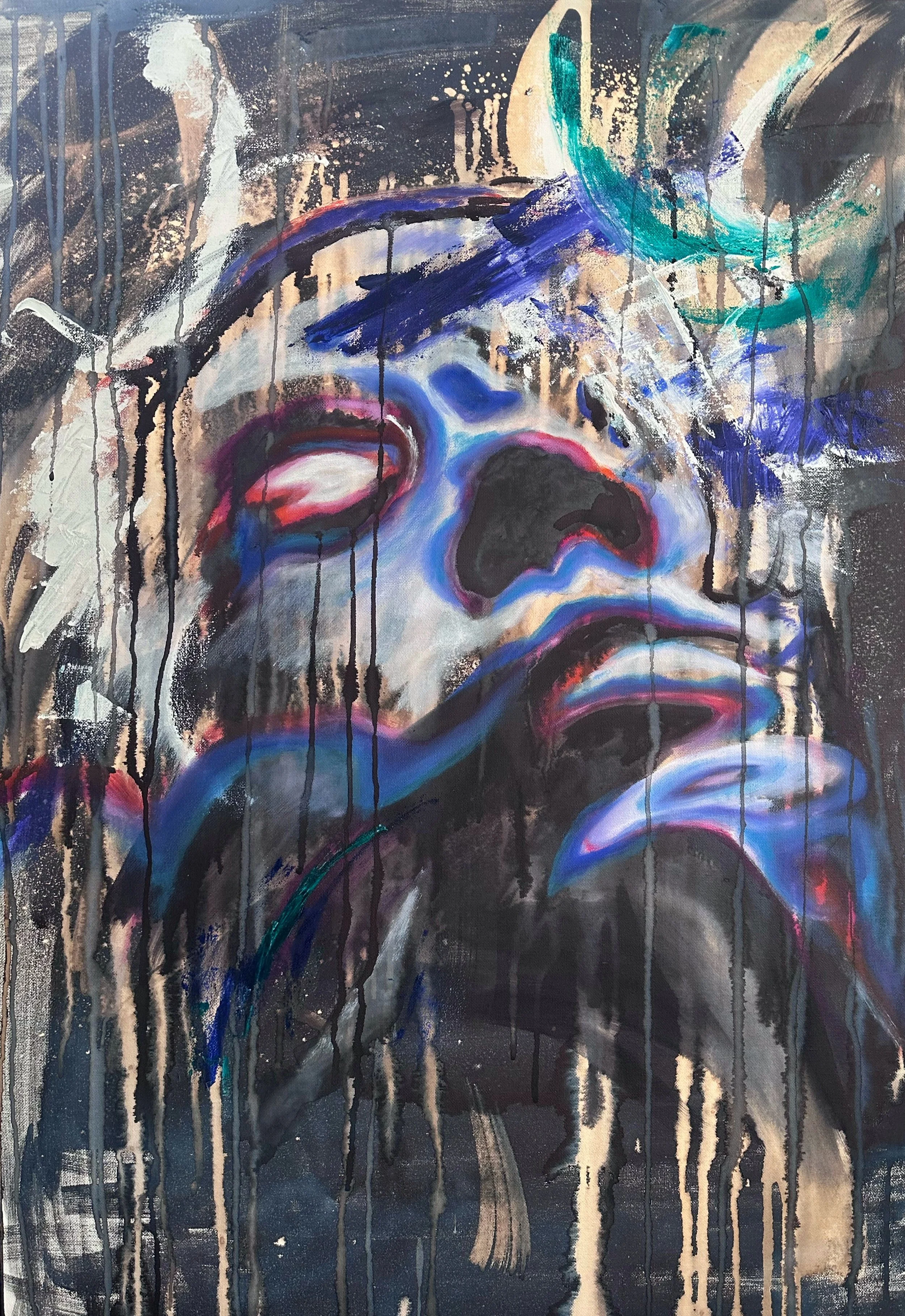 "Whiplash" 
Bleach, Ink, and Oil Paint on Canvas