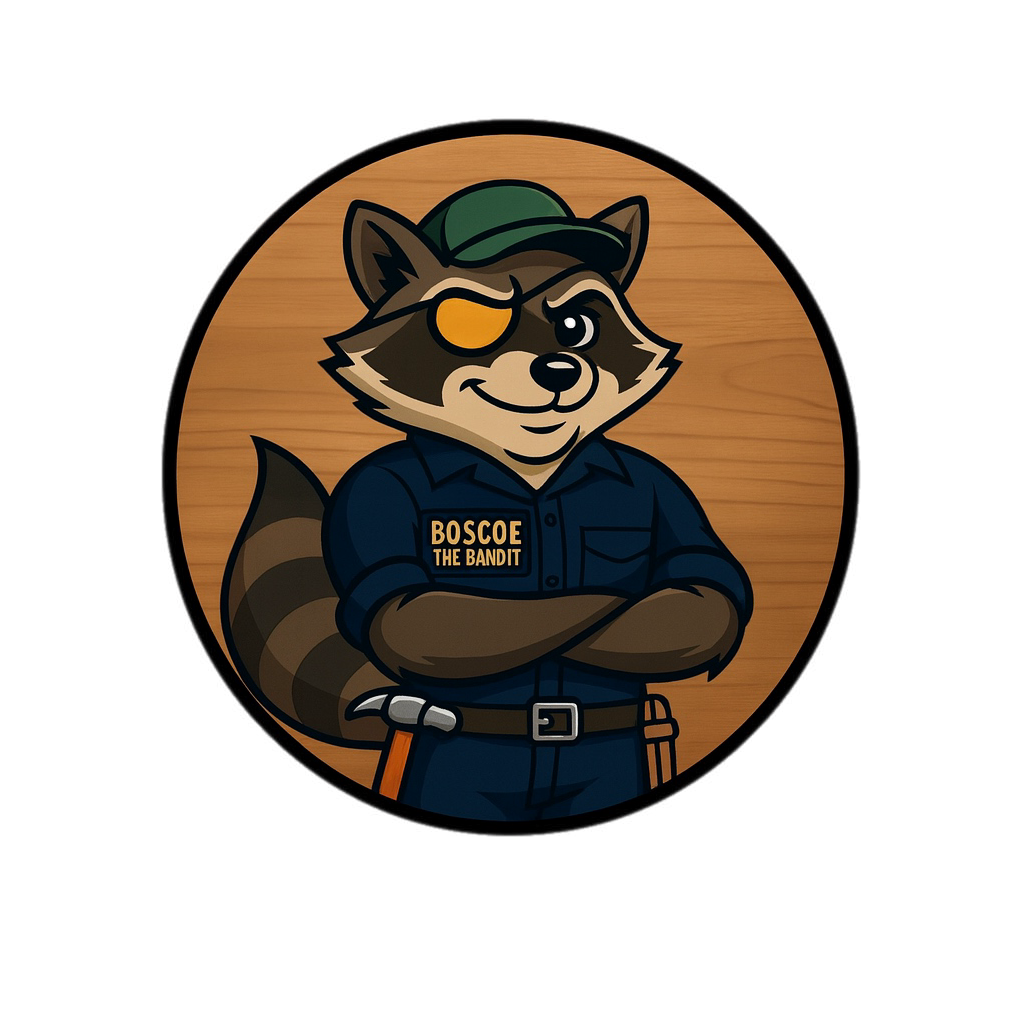 Cartoon raccoon character dressed as a bandit with an eye patch, wearing a green cap, a blue coveralls with a badge reading "BOSCOE THE BANDIT," and standing with arms crossed in front of a wooden background.