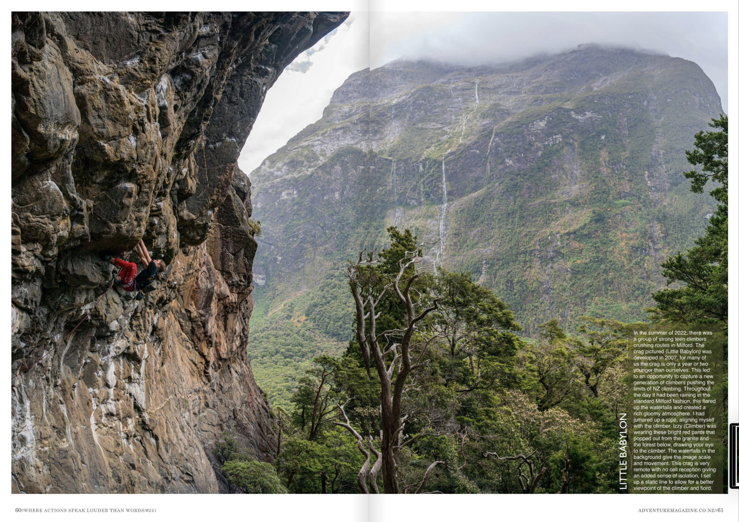 Bella Domaneschi climbing Jugular 25 at Little Babylon, Milford Sound NZ.