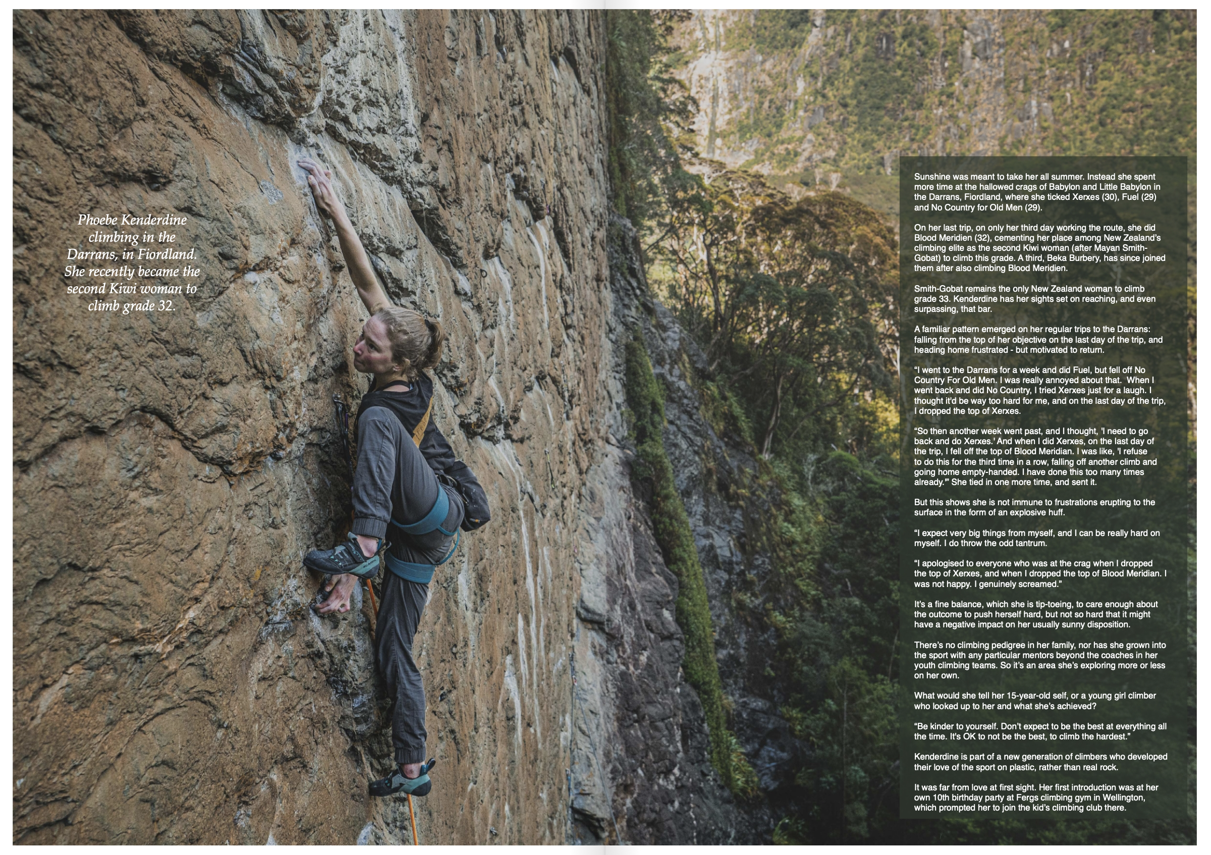Adventure Mag article featuring Phoebe Kenderdine on Fuel (29) Babylon, Milford Sound 