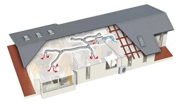A diagram of a house's heating, ventilation, and air conditioning (HVAC) system showing air ducts, vents, and airflow pathways for air circulation.