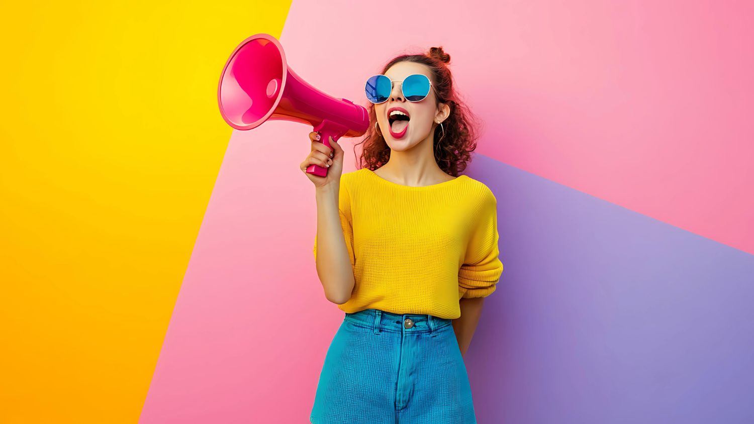 A young woman with curly hair wearing a yellow sweater and blue pants, holding a pink megaphone, wearing round sunglasses, and shouting.