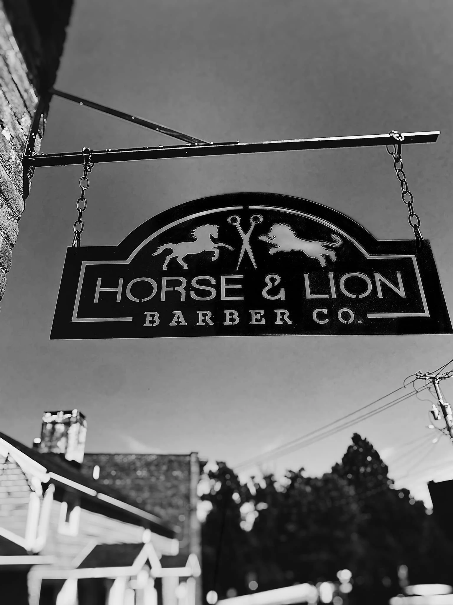 Black and white photograph of horse and lion barber co. sign with faded street view in the background