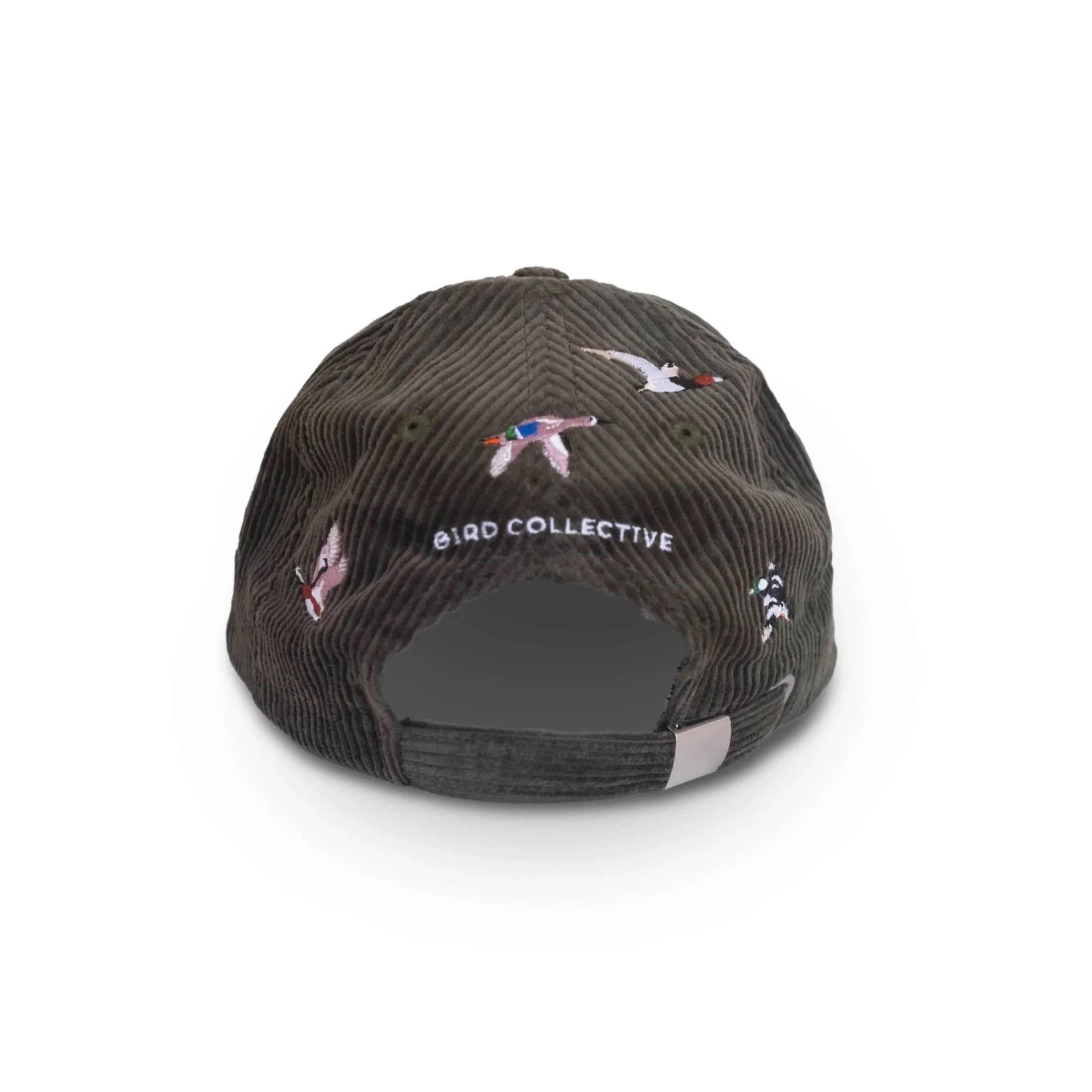 Back of Bird Collective Ducks Corduroy Hat with embroidered birds and adjustable strap