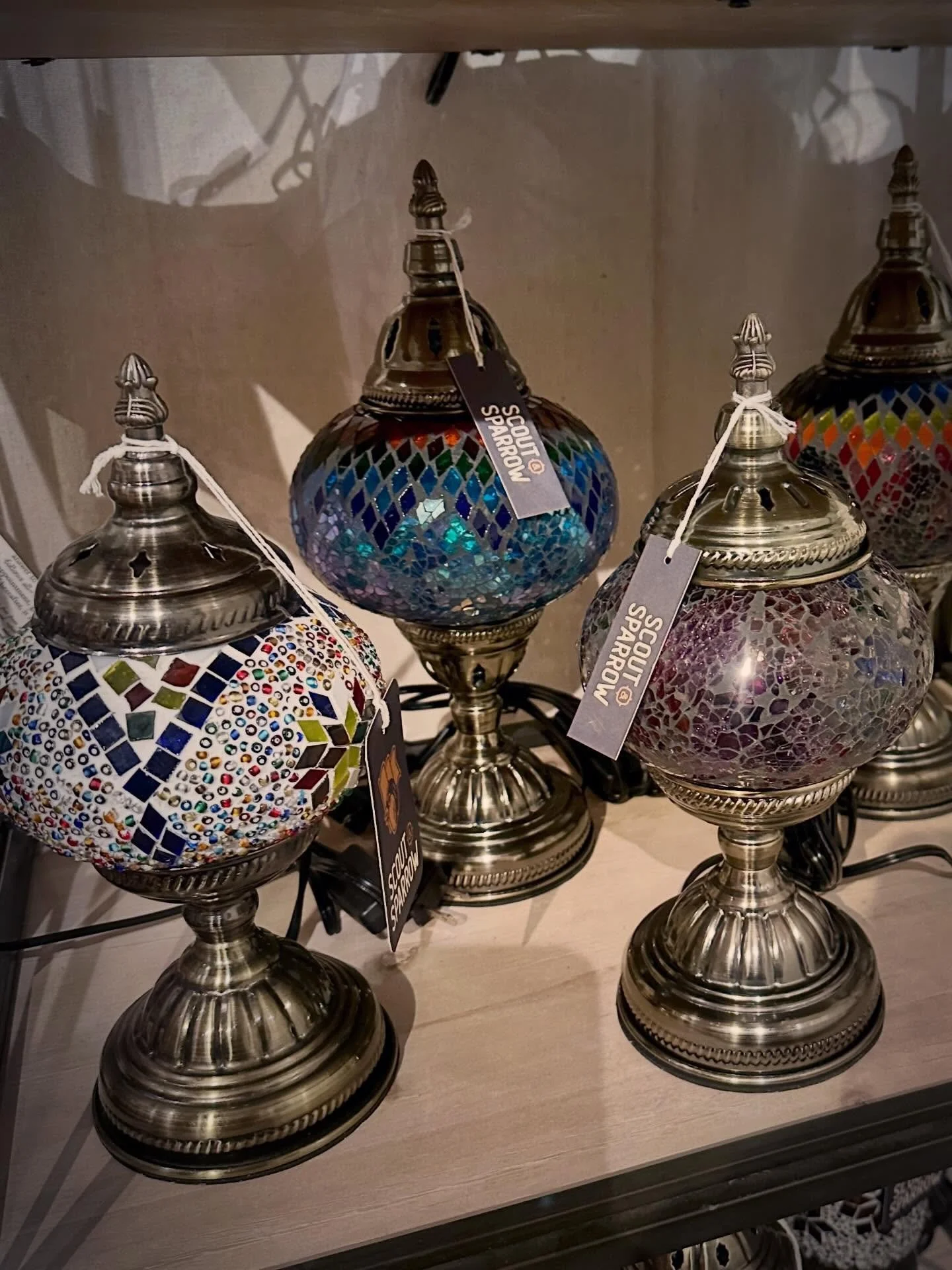 New in the shop.

Hand-cut Turkish mosaic lamps &mdash; each one layered in color, pattern, and light.

They glow beautifully at night.
Which one would you bring home?

Stop by and see them lit in person.

#ScoutAndSparrow
#TurkishLamps
#MosaicLighti