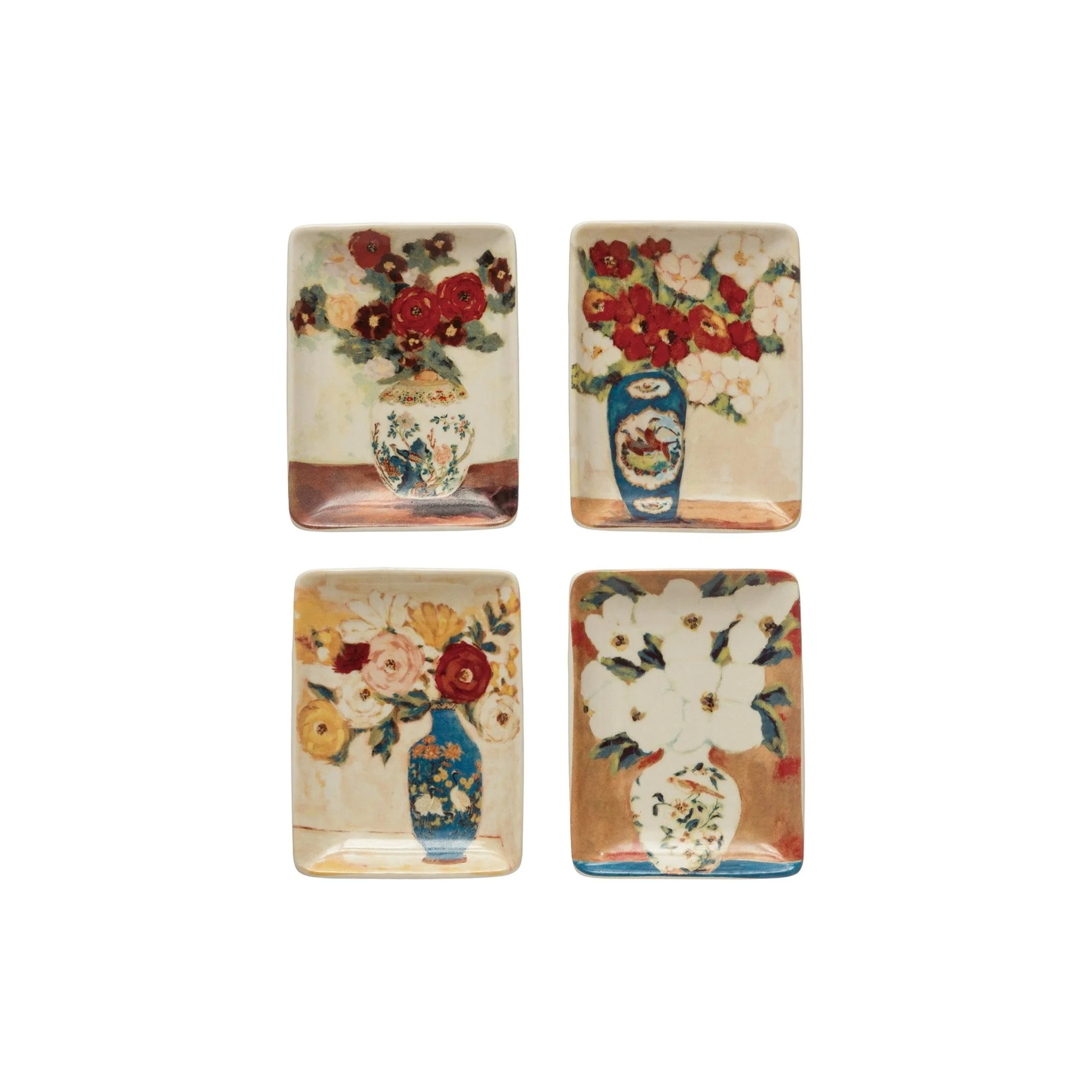 Four floral vase stoneware trinket dishes with assorted vintage-inspired flower designs