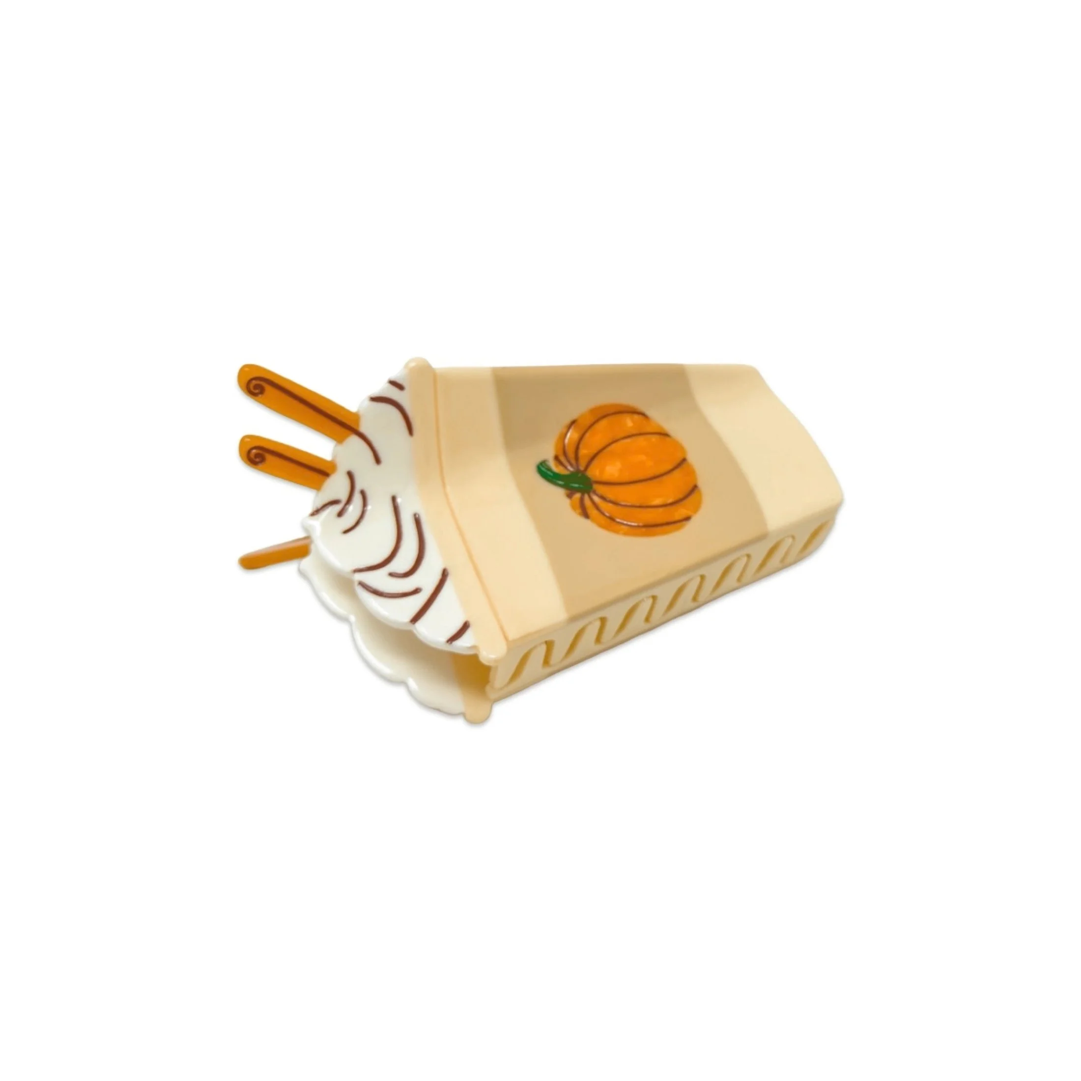 Large pumpkin spice latte hair claw by Jenny Lemons shown from the side