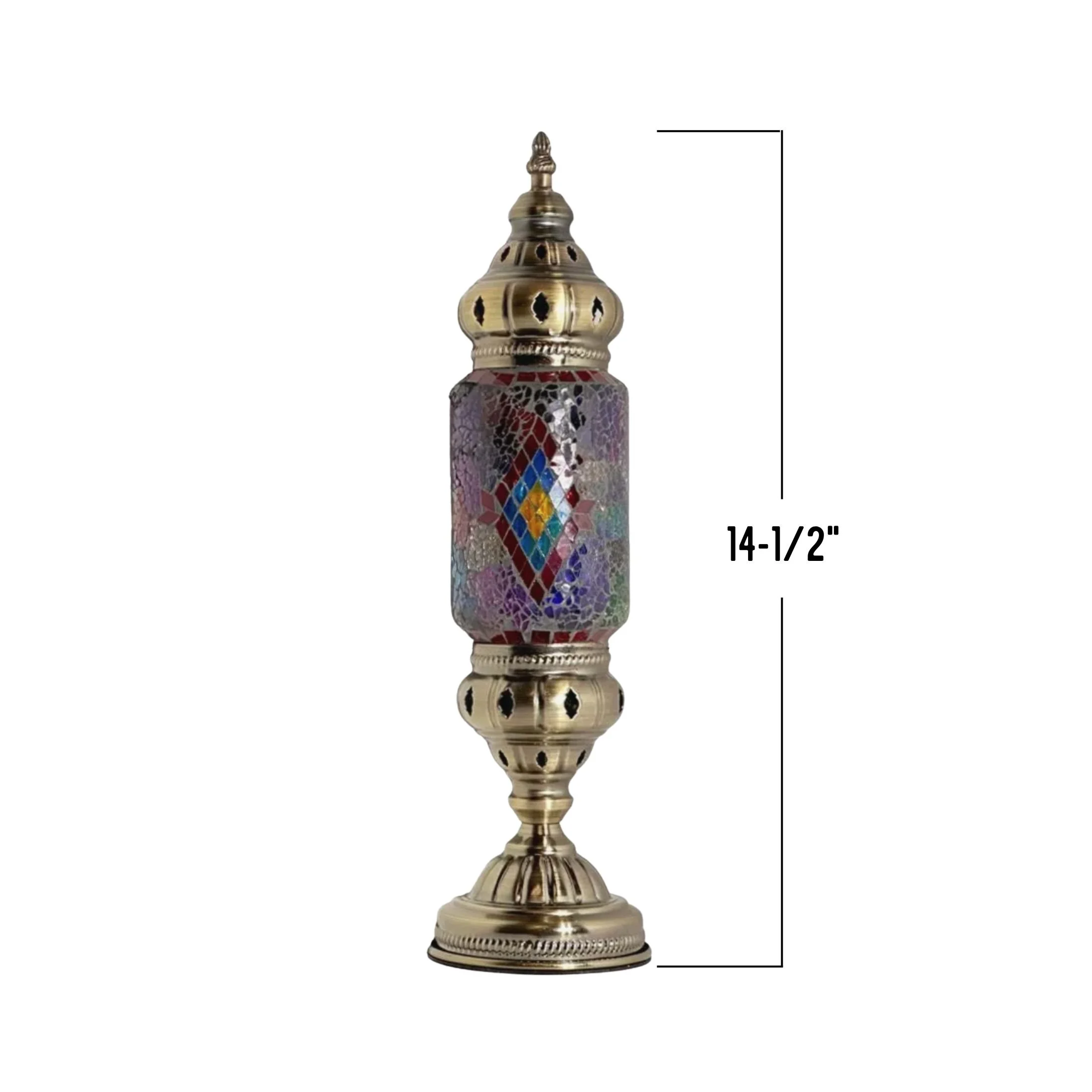 Colorful Turkish mosaic lamp with cylindrical silhouette and handcrafted rainbow glass tiles