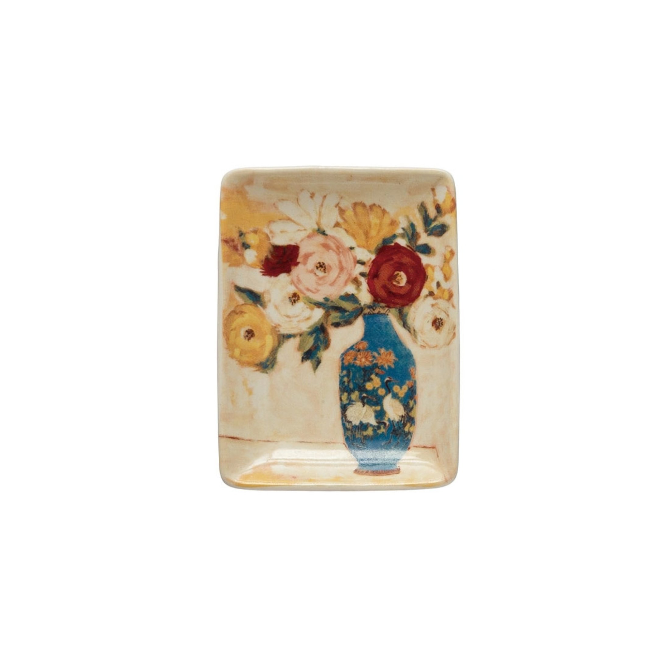 Stoneware trinket dish with colorful flowers in a blue bird vase