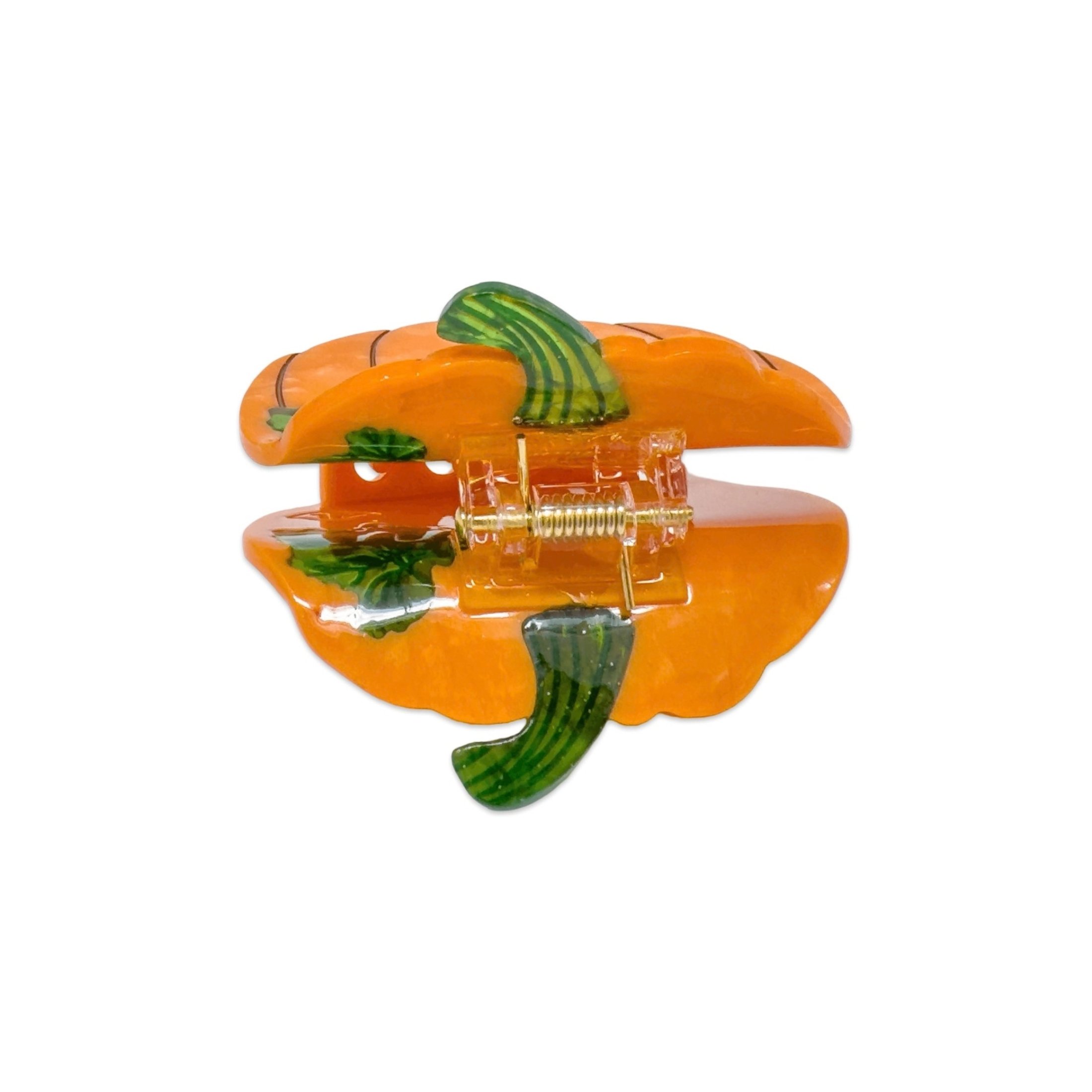 Side view of Orange pumpkin hair claw showing spring closure