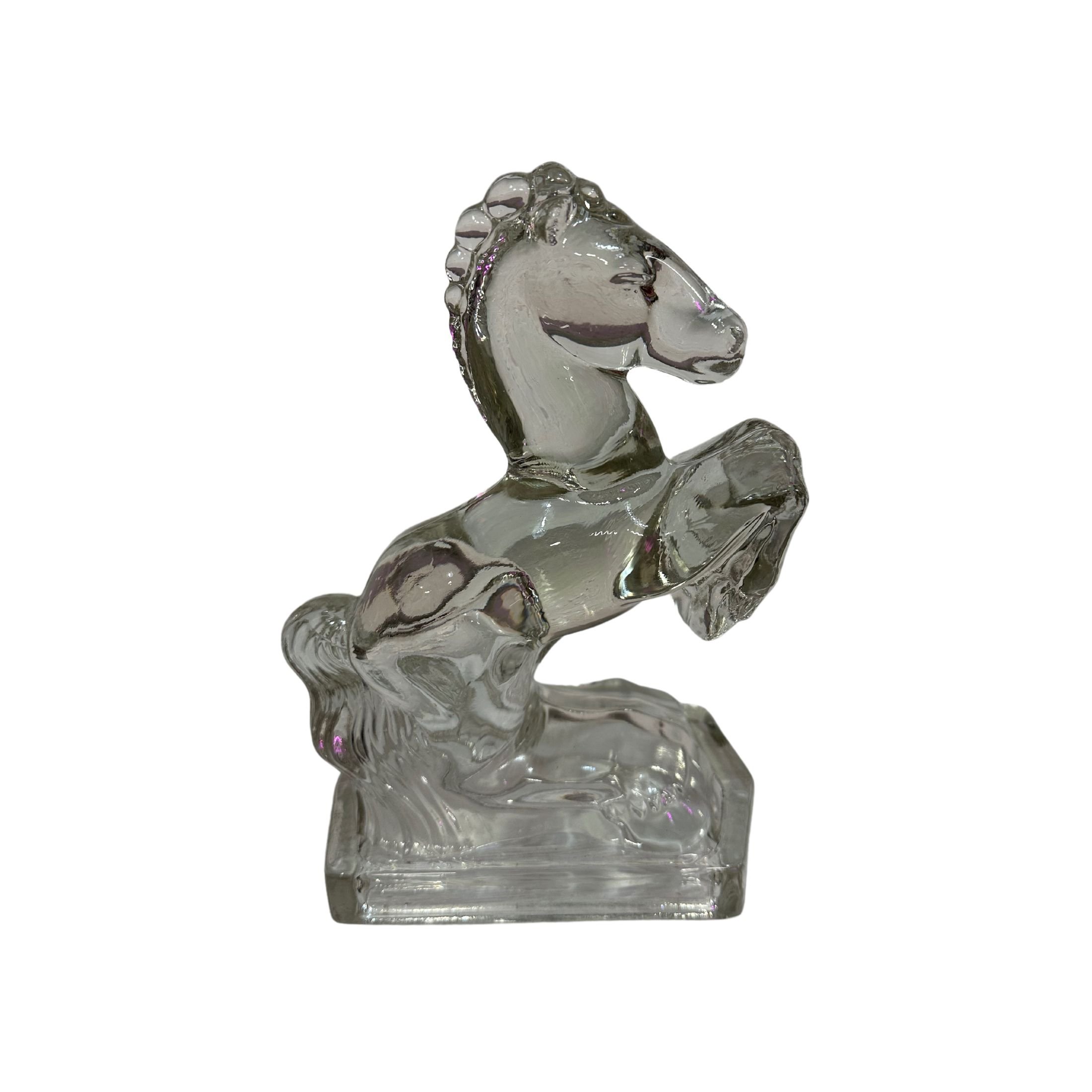 Pair of vintage 1940s clear glass horse bookends with rearing horse design.