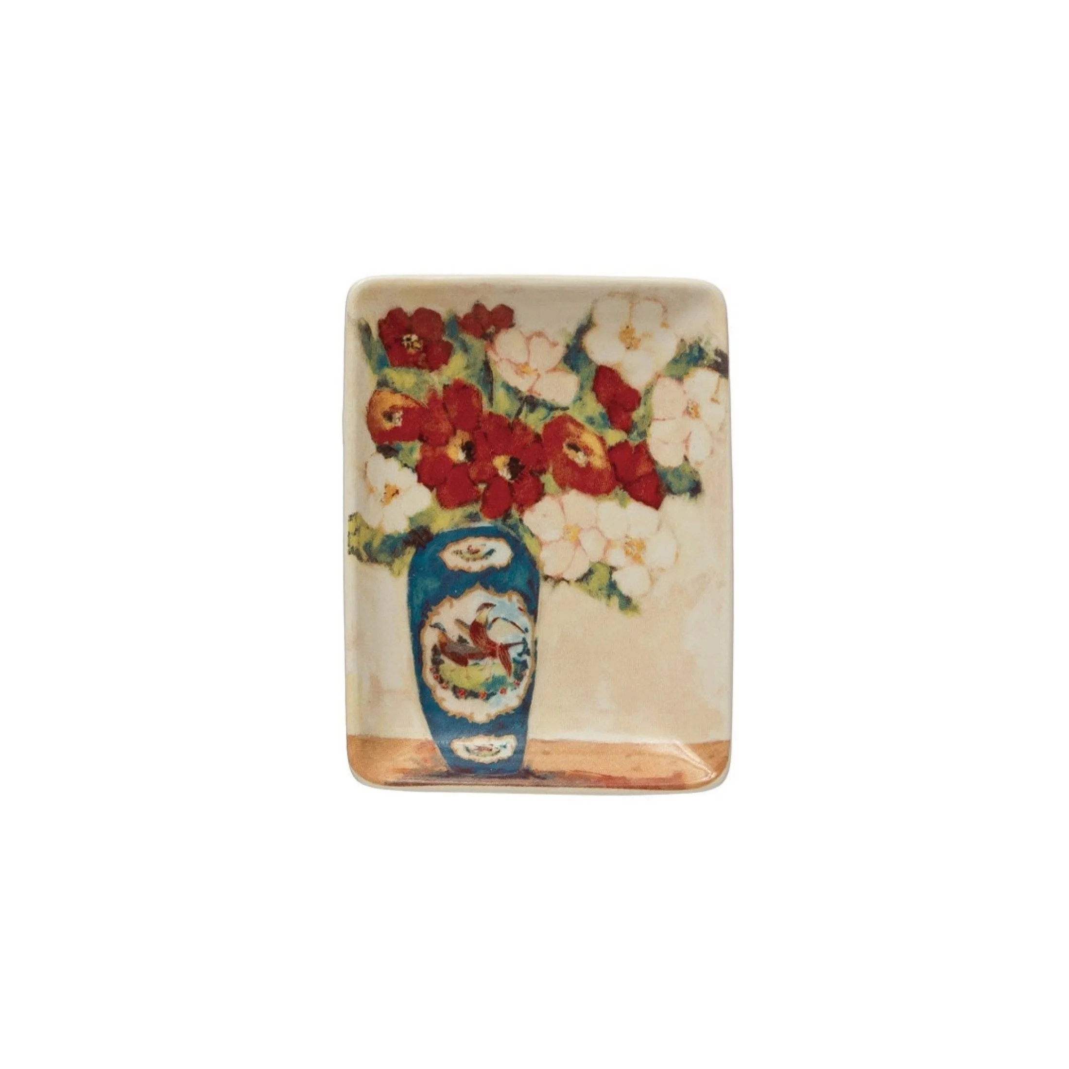 Stoneware trinket dish with red and white flowers in a blue decorative vase