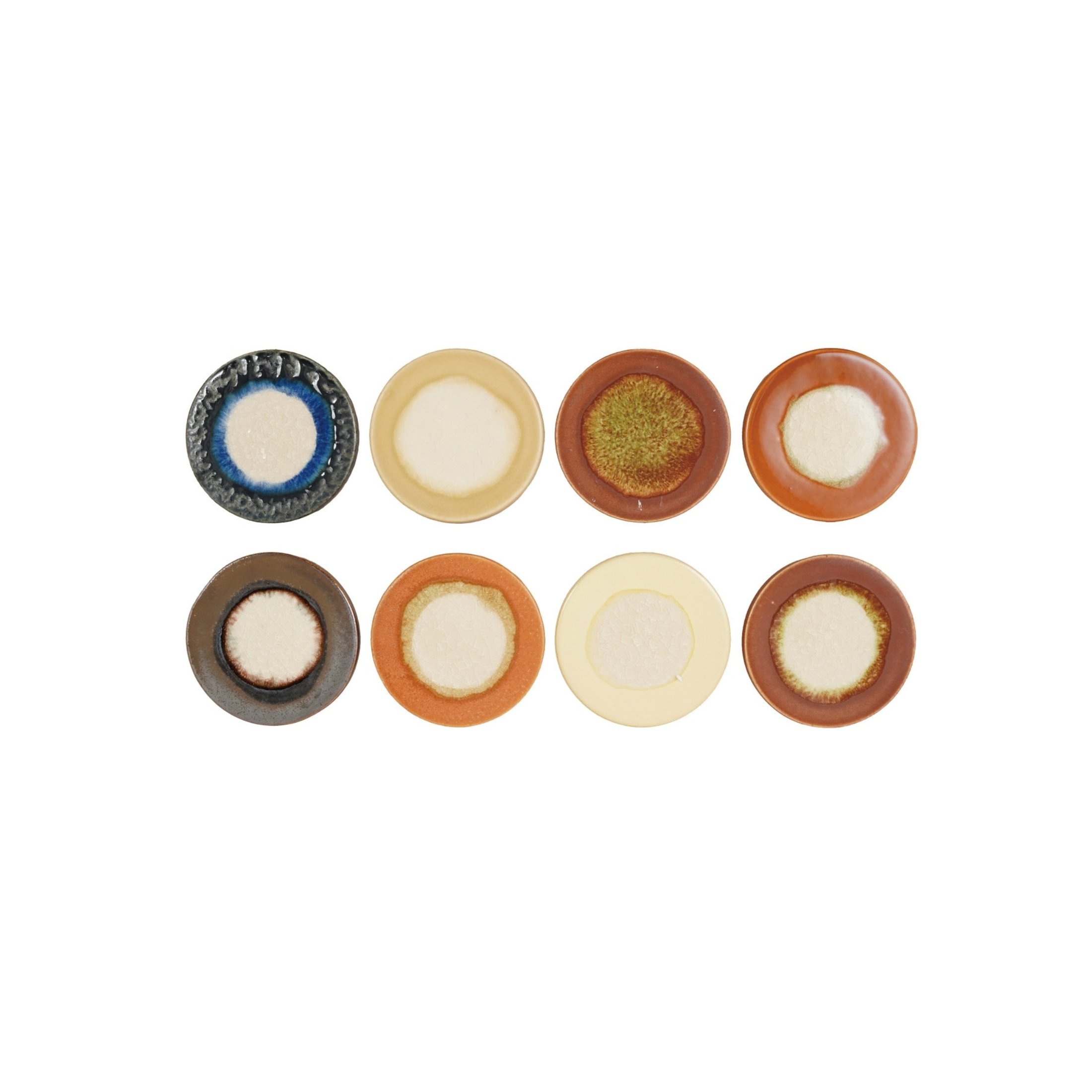 Assorted artisan stoneware coasters with reactive crackle glaze in earthy colors
