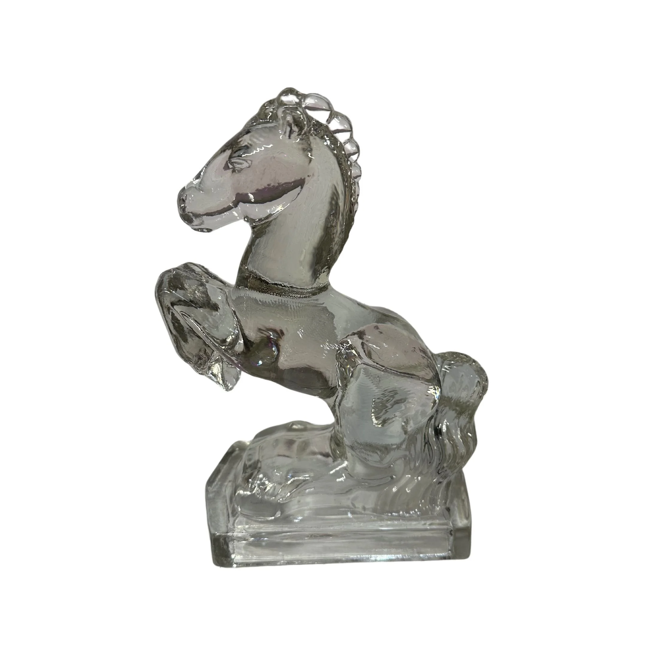 Pair of vintage clear glass horse bookends with rearing horse design and Art Deco 1940s styling.