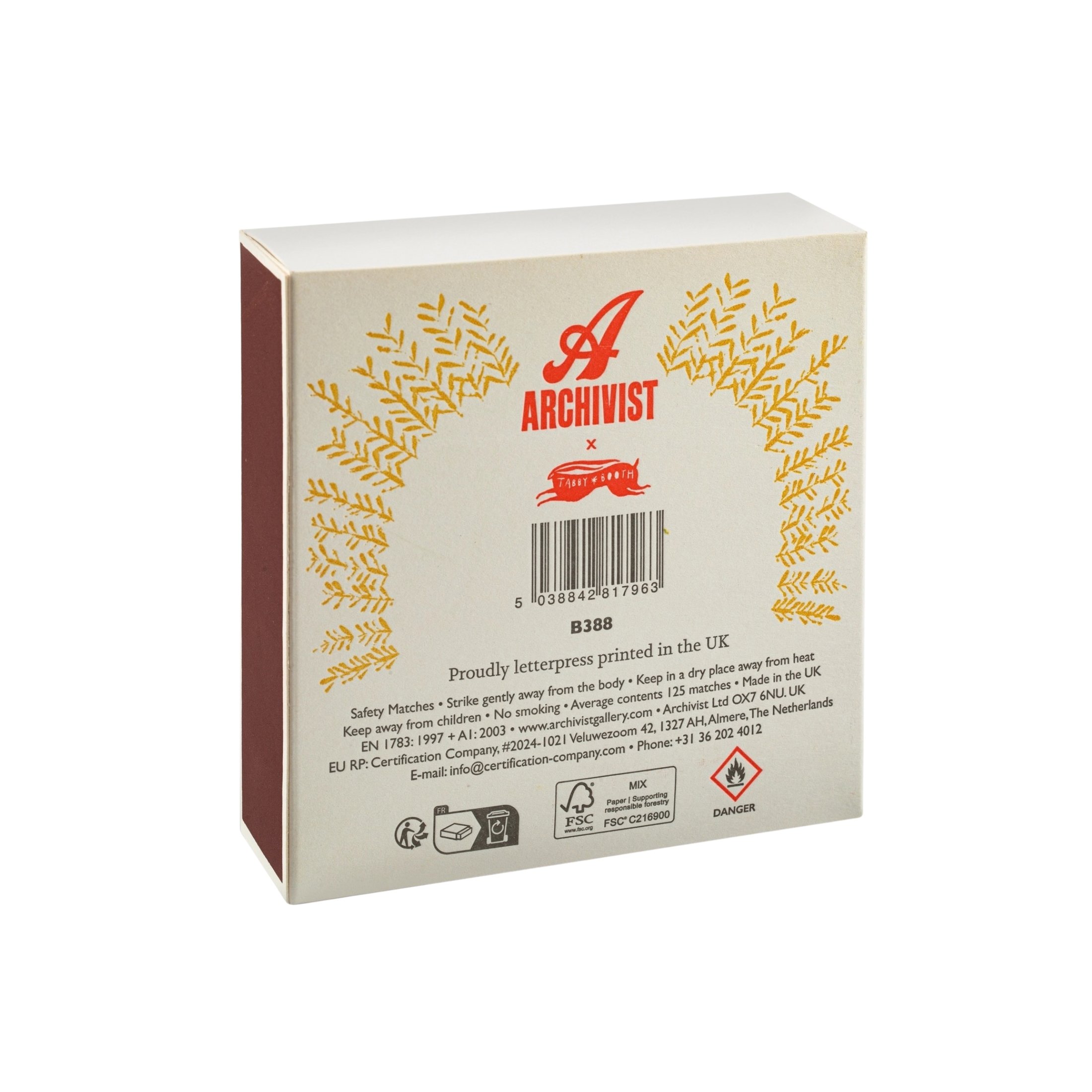 Back of Archivist Gallery Turkey luxury safety matchbox with strike panel and product details