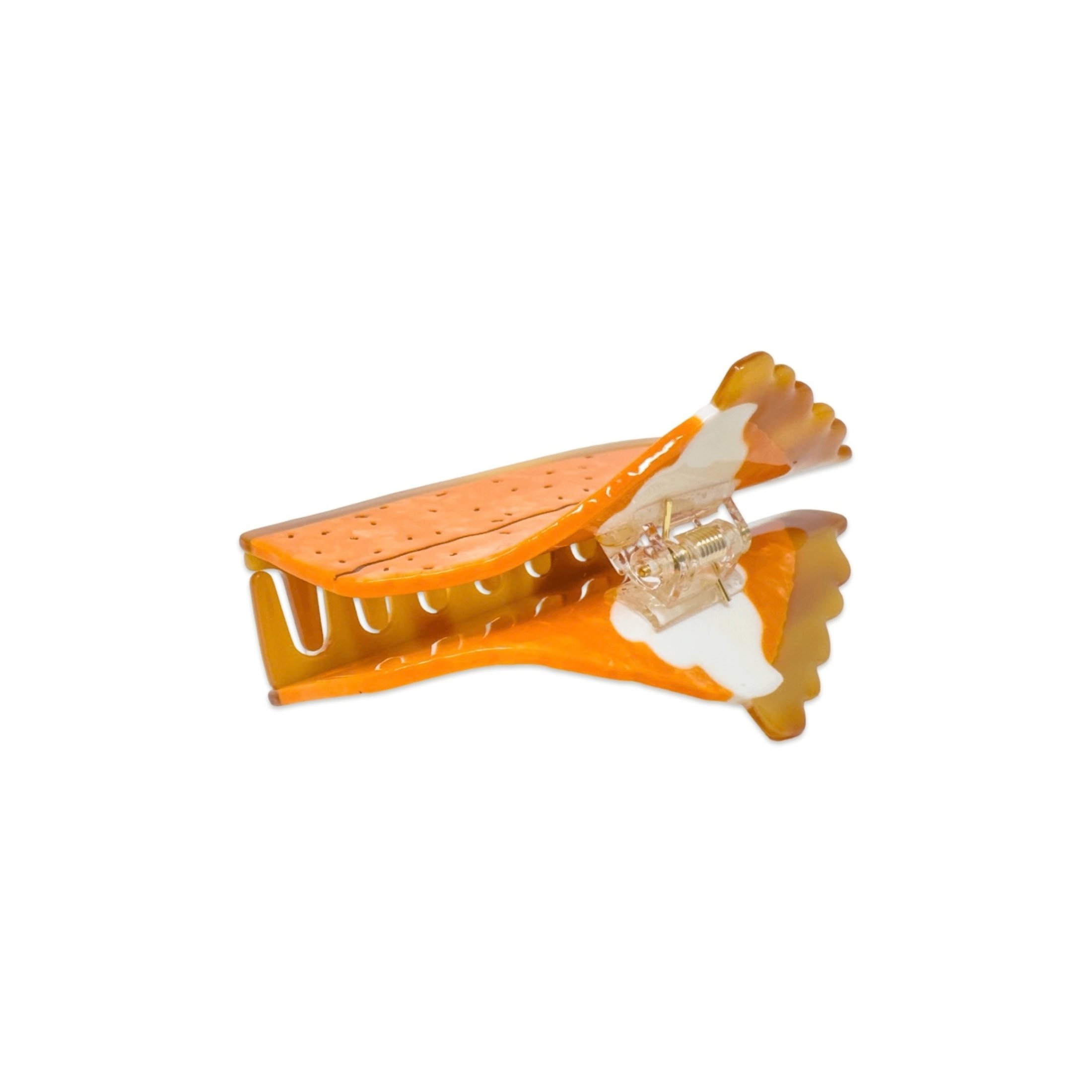 Open pumpkin pie slice hair claw showing teeth and spring closure