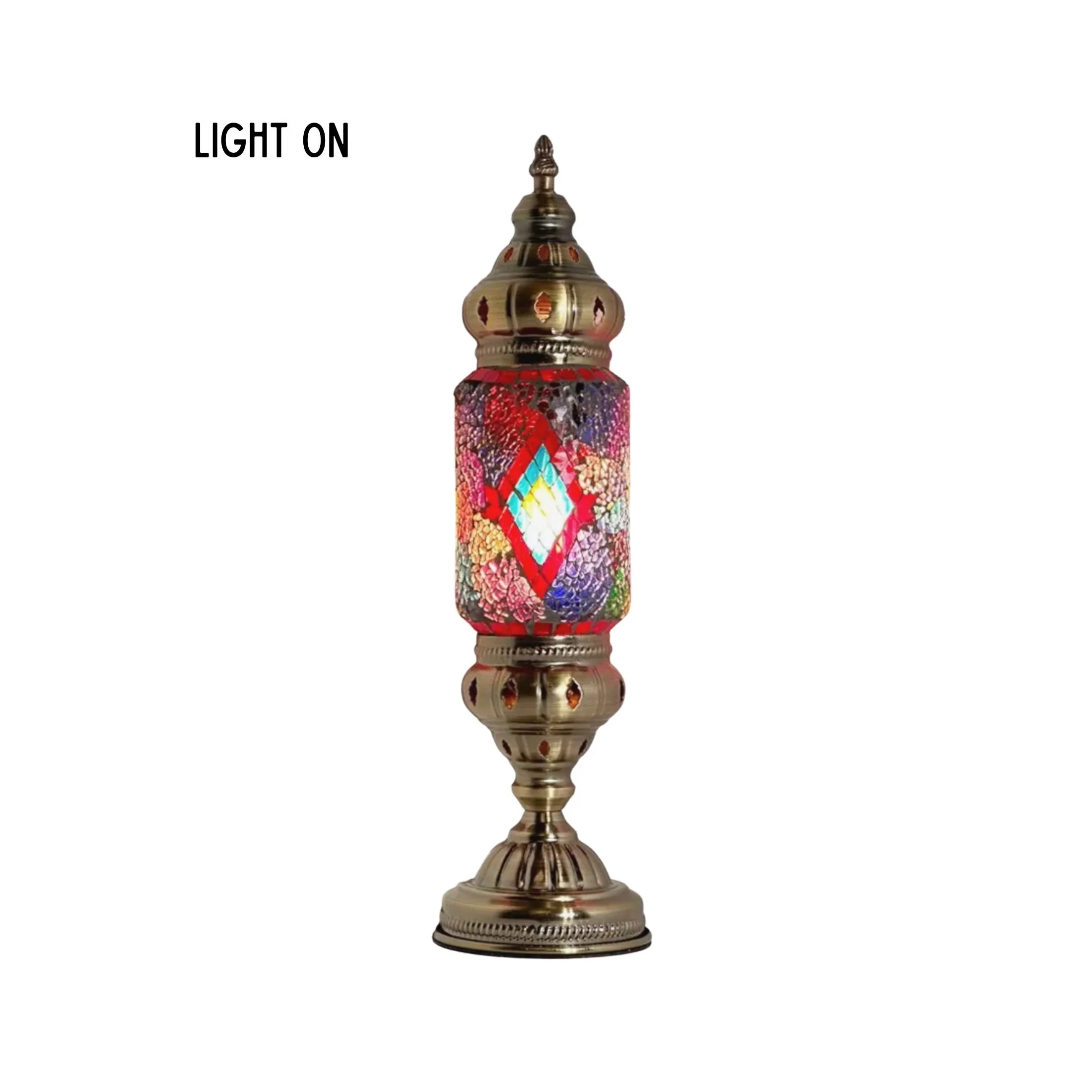 Handcrafted Turkish mosaic table lamp with rainbow diamond glass pattern and cylindrical shape